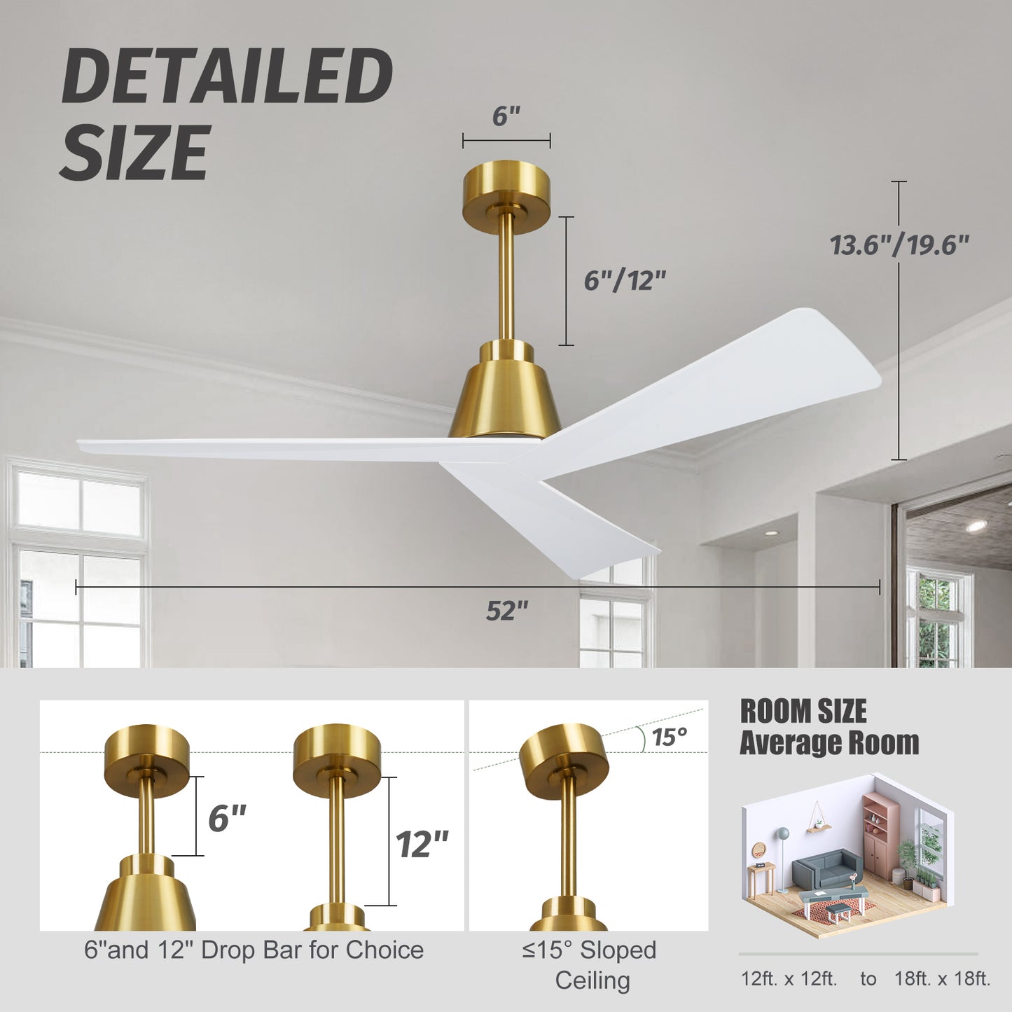 52" Modern White Gold Ceiling Fan no Light with Remote for Living Room