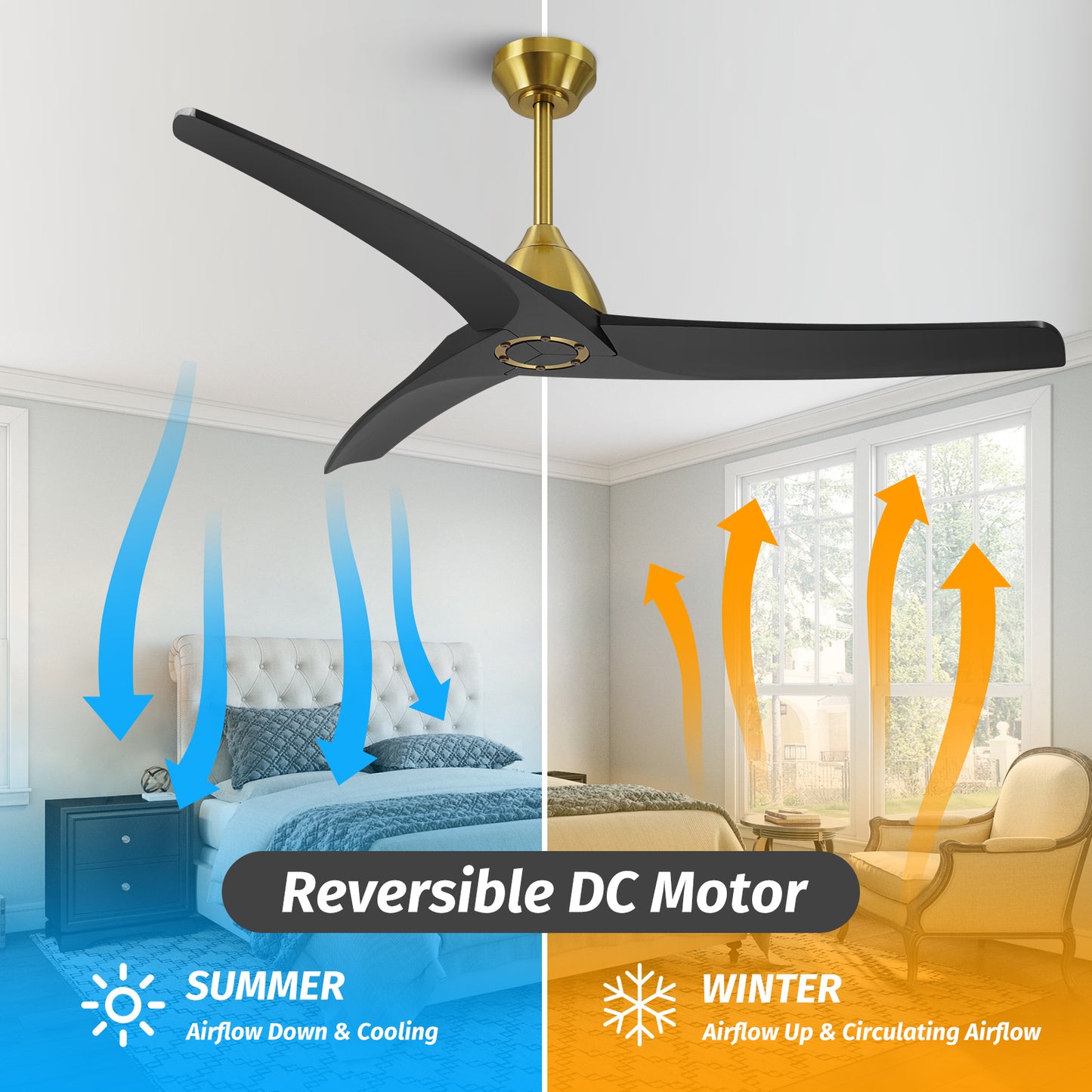 54" Modern Black and Gold Ceiling Fan No Lights with Reversible DC Motor