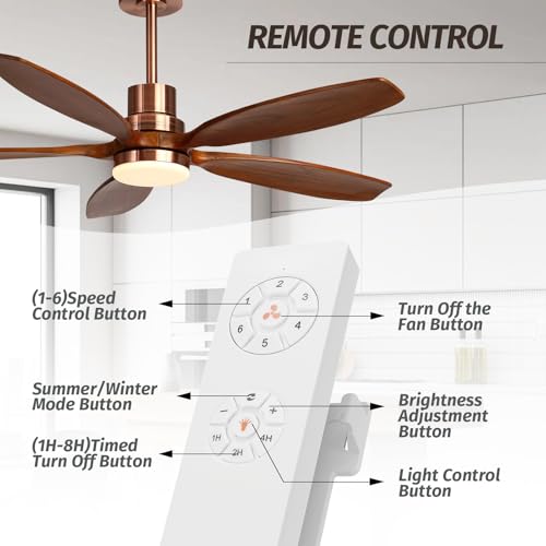 52" Modern Brown Walnut Red Brass Ceiling Fan with Light and Remote