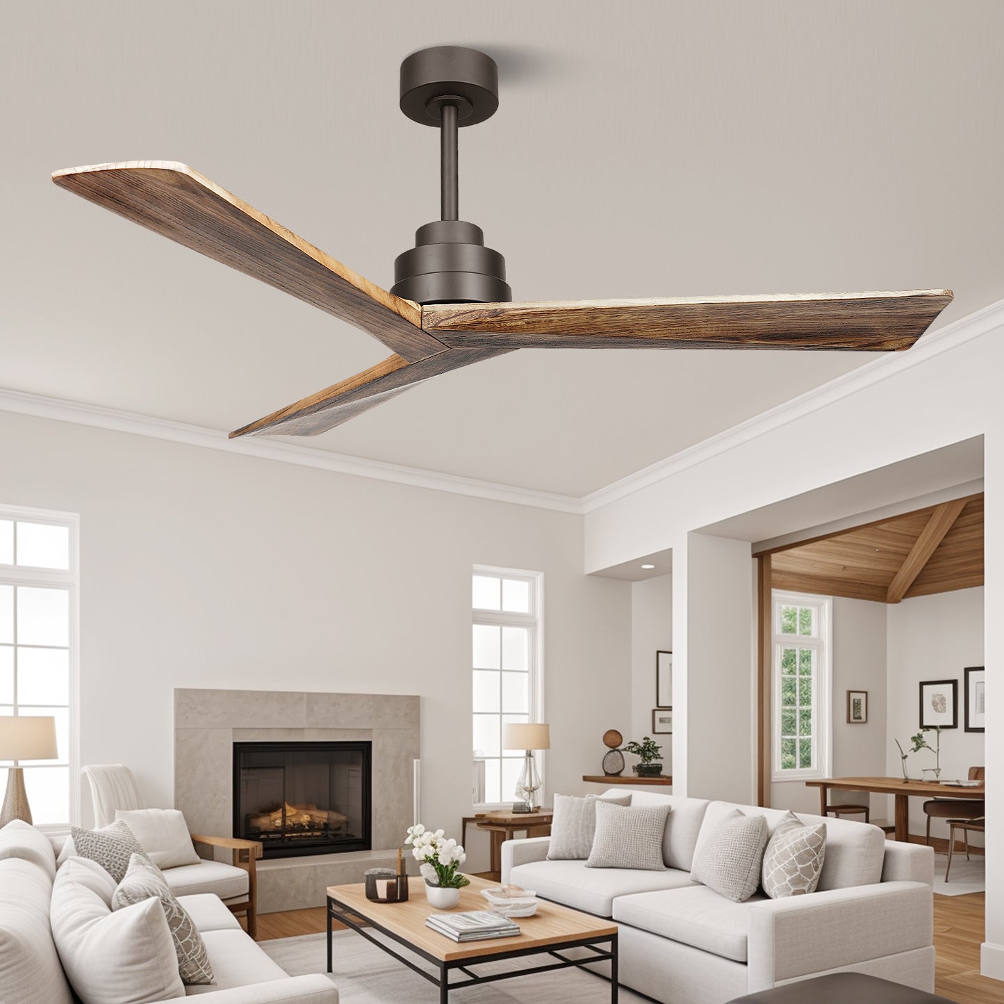 52" Farmhouse 3 Wood Blades Nostalgia Walnut Ceiling Fan no Light with Remote