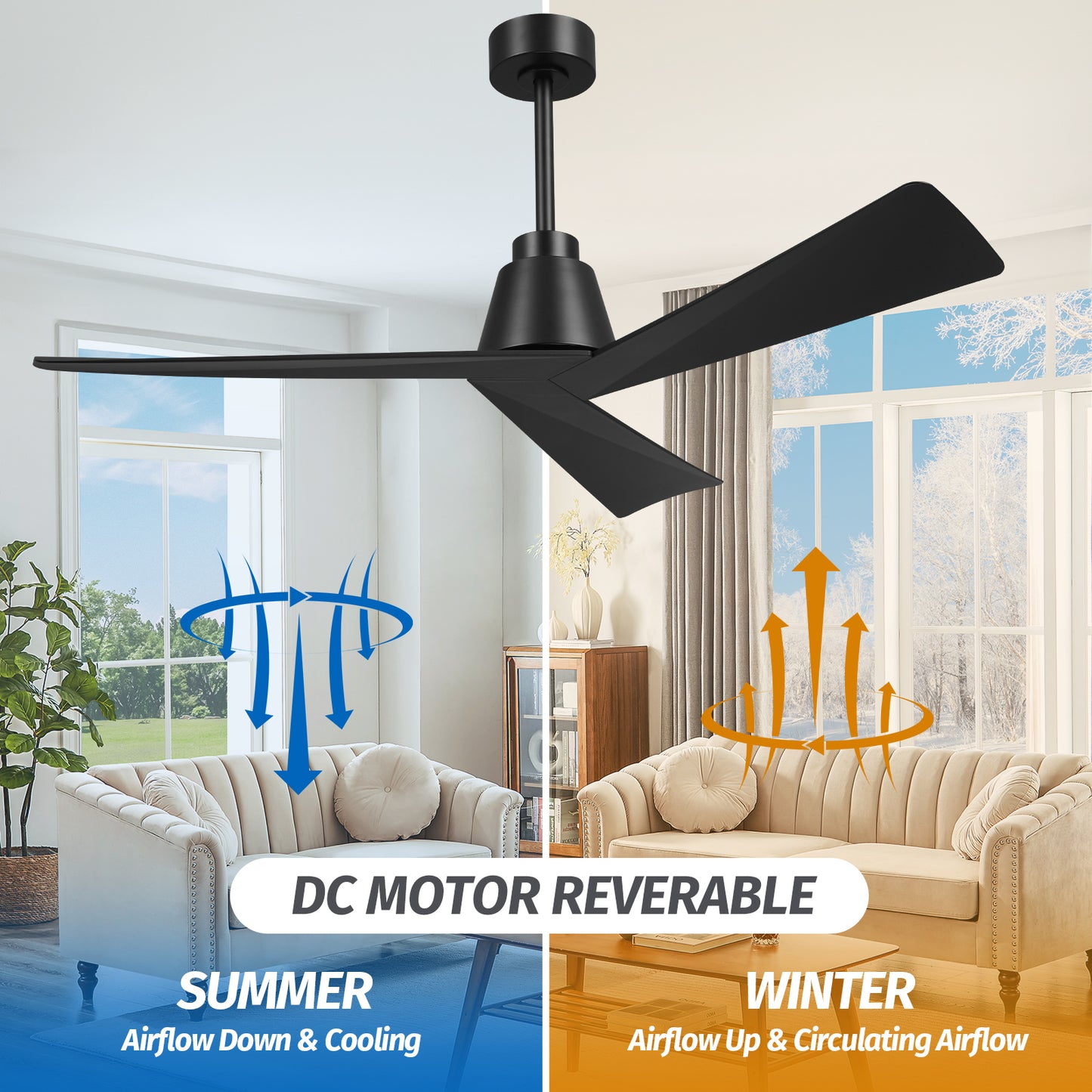 52" Modern Black Ceiling Fan no Light with Remote for Living Room Patio