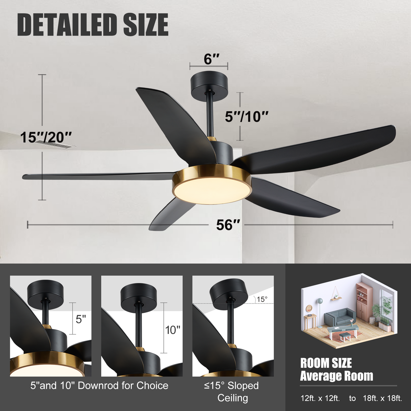 56"Modern Black Gold 6 Speeds ABS Ceiling Fan with Light and Remote Control