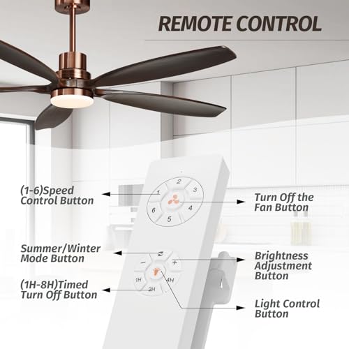 60" Modern Black Walnut Red Brass Ceiling Fan with Light and Remote