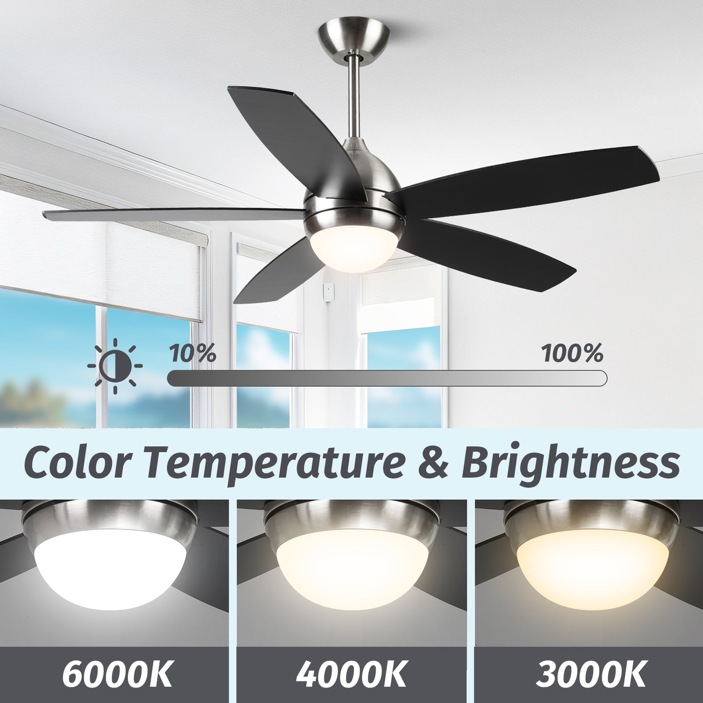 52" Modern Brushed Nickel Wood Ceiling Fan with Lights and Remote Control