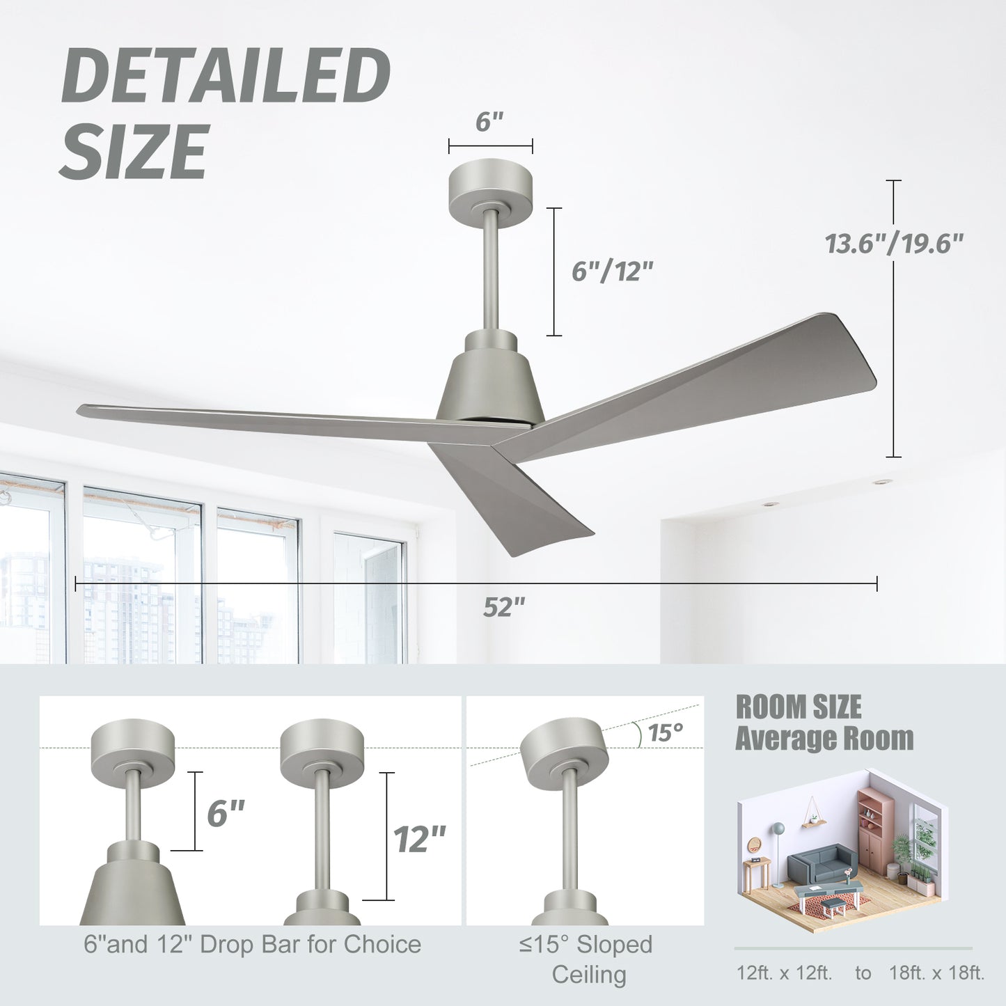 52" Modern Silver Ceiling Fan no Light with Remote for Living Room Patio