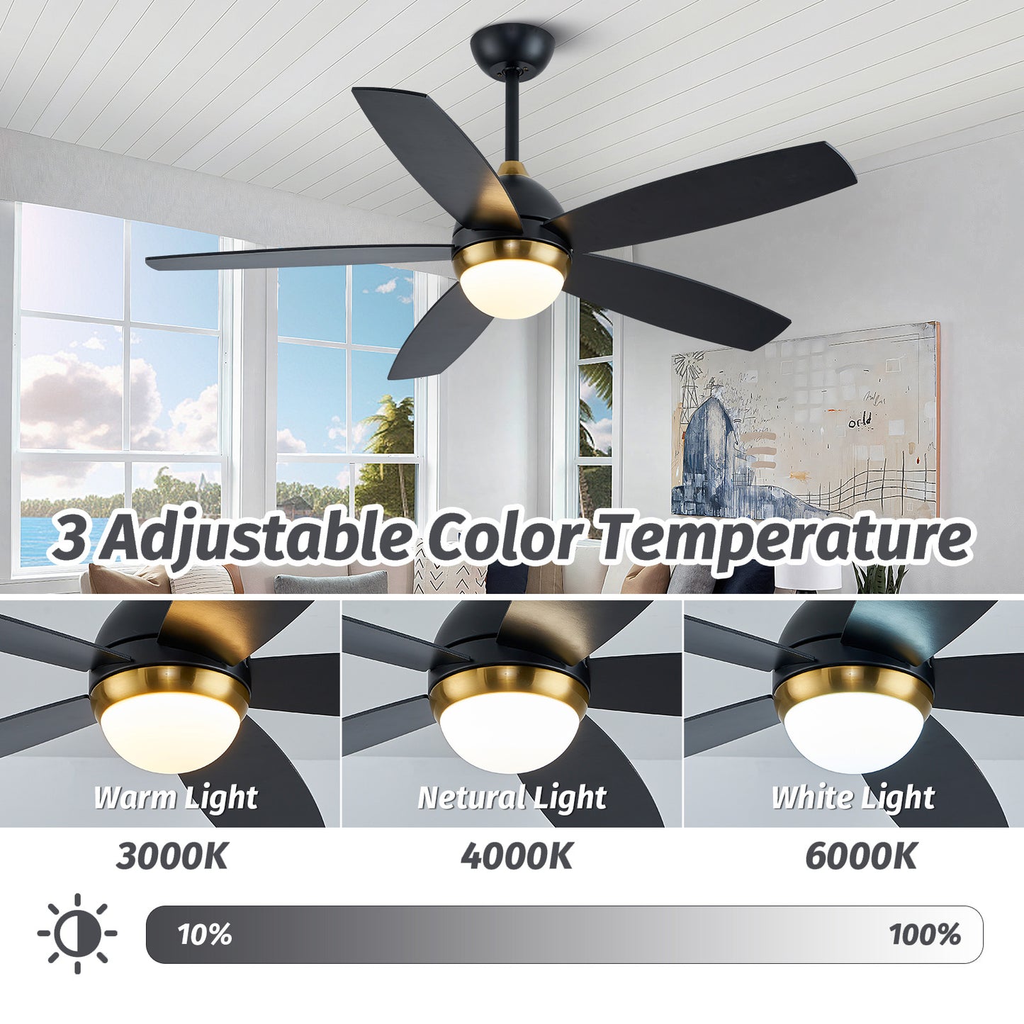 52" Modern Black and Gold Wood Ceiling Fan with Lights and Remote Control