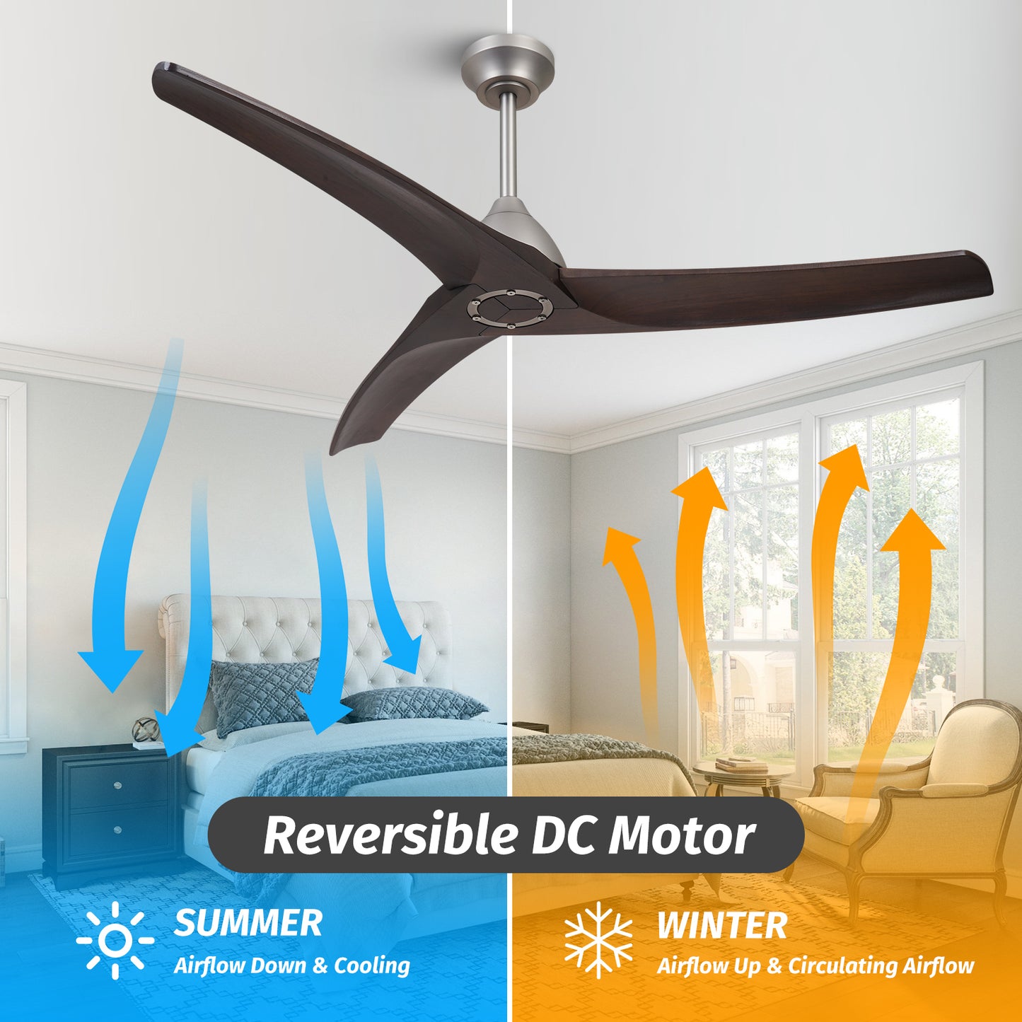 54" Industrial Brown Wood Ceiling Fan No Lights with Reversible DC Motor