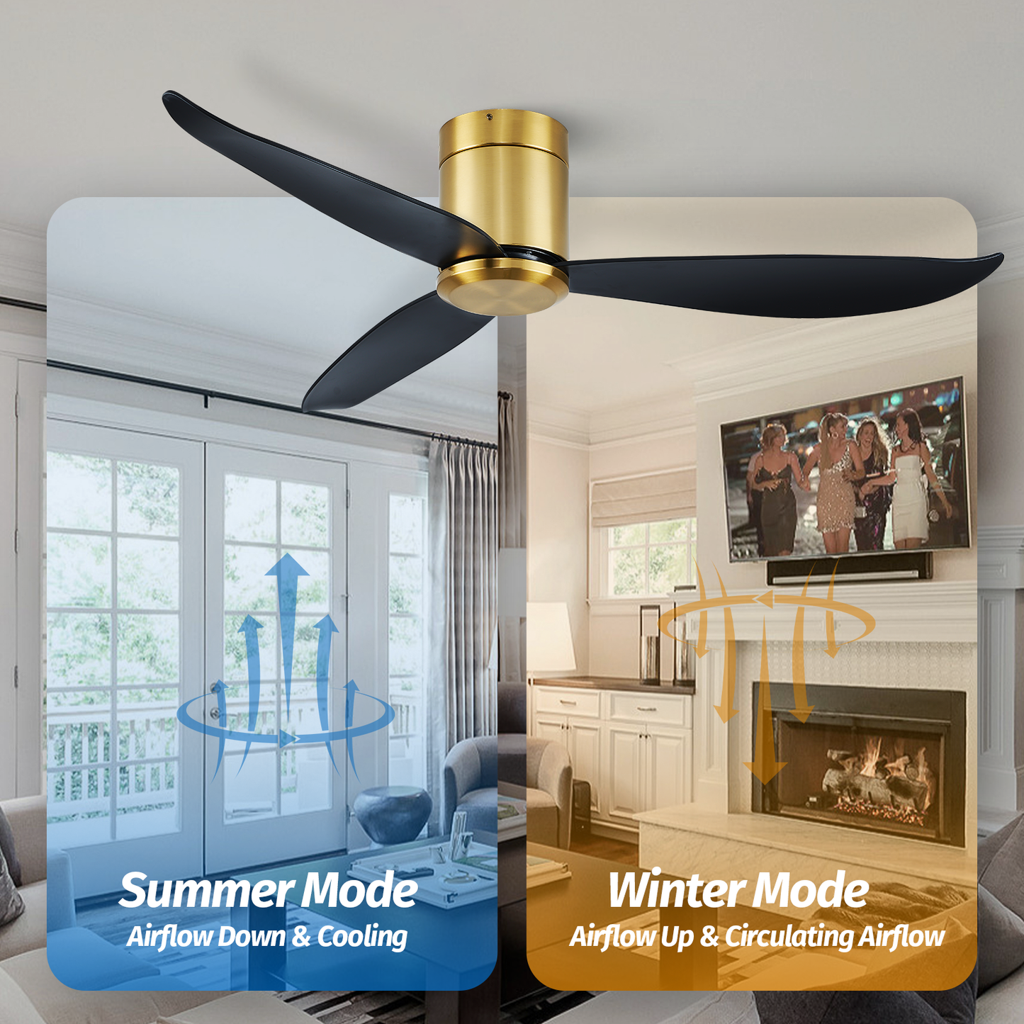 52" Modern Black Gold Flush Mount 6 Speed Ceiling Fan no Light with Remote