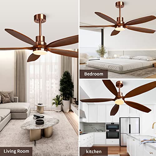 60" Modern Brown Walnut Red Brass Ceiling Fan with Light and Remote