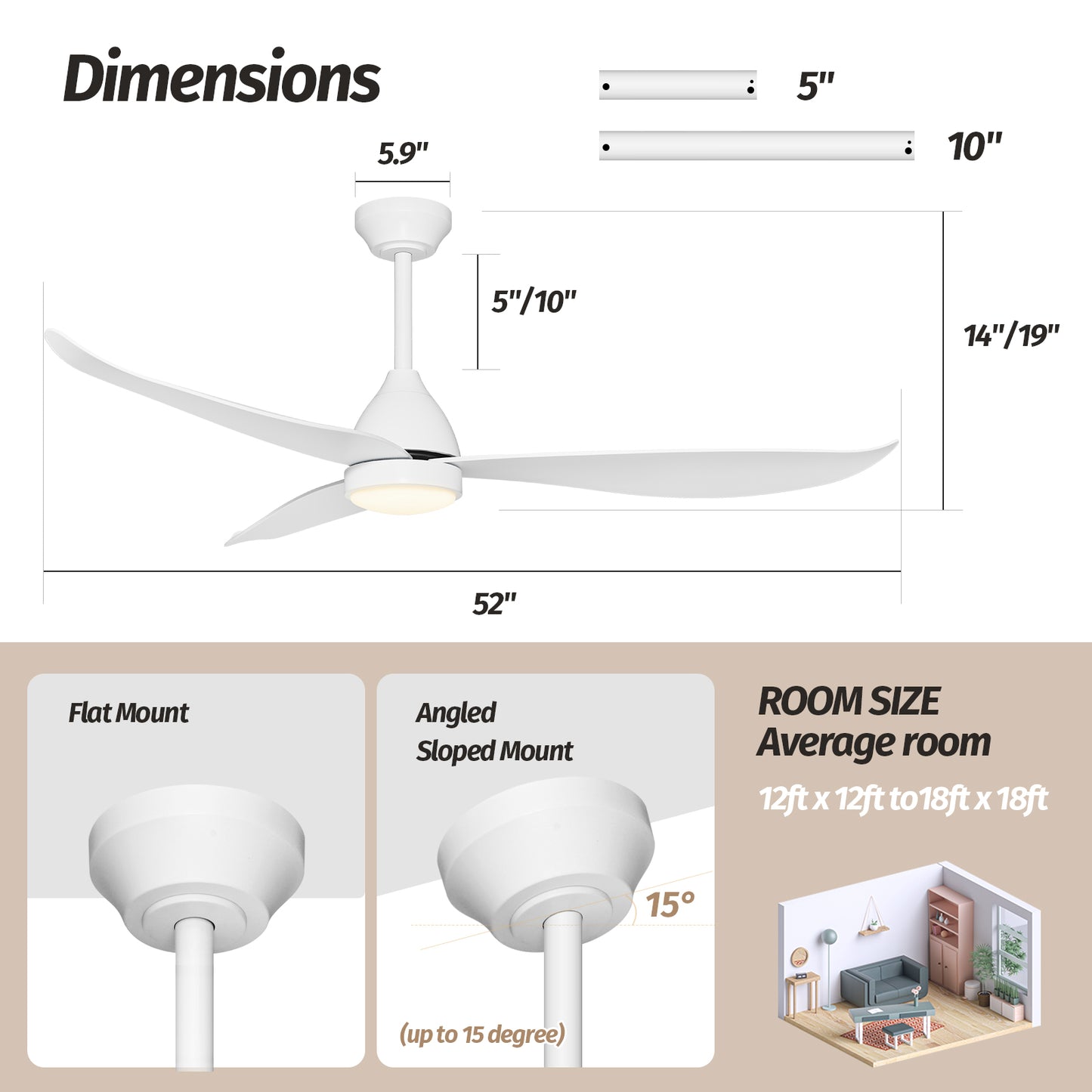 52" Farmhouse Matte White Reversible Ceiling Fan with Light and Remote