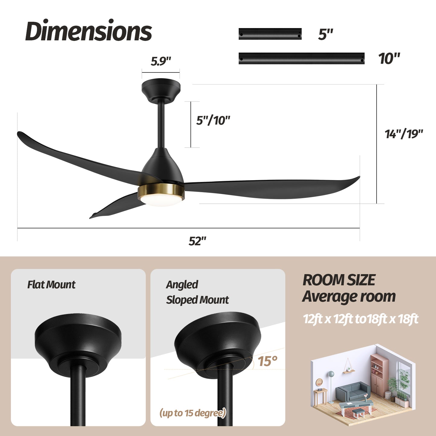 52" Modern Black Gold Reversible Ceiling Fan with Light and Remote