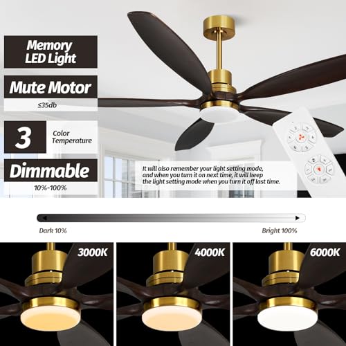 60" Modern Gray Walnut Brass Reversible Ceiling Fan with Light and Remote