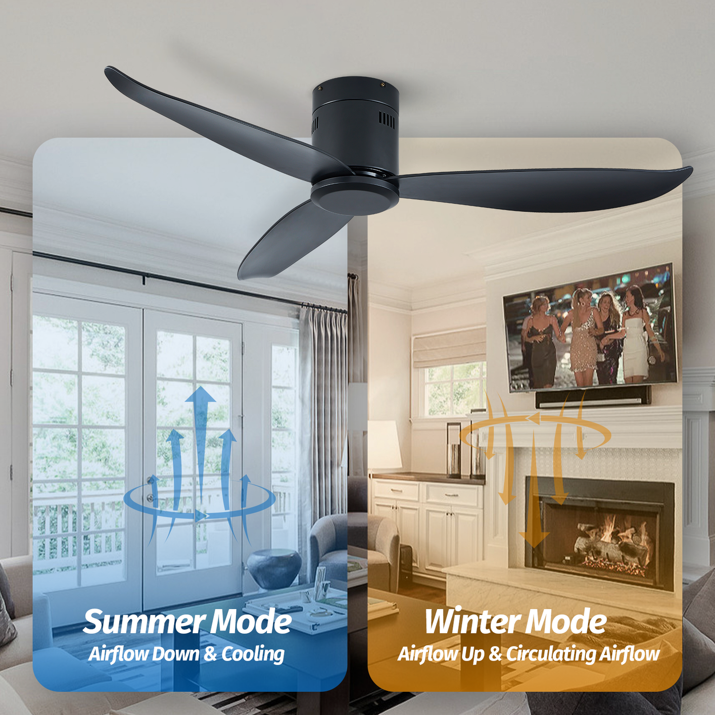 52" Modern Matte Black Flush Mount 6 Speed Ceiling Fan no Light with Remote