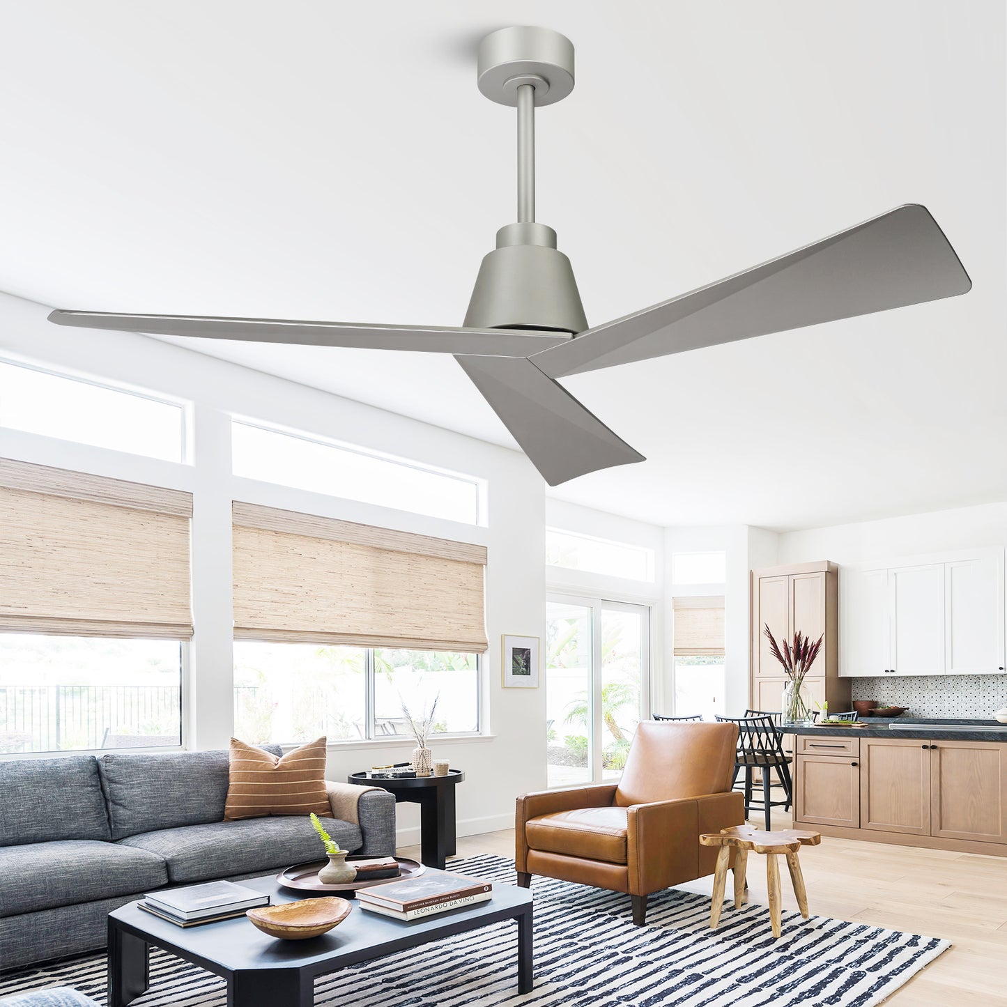 52" Modern Silver Ceiling Fan no Light with Remote for Living Room Patio