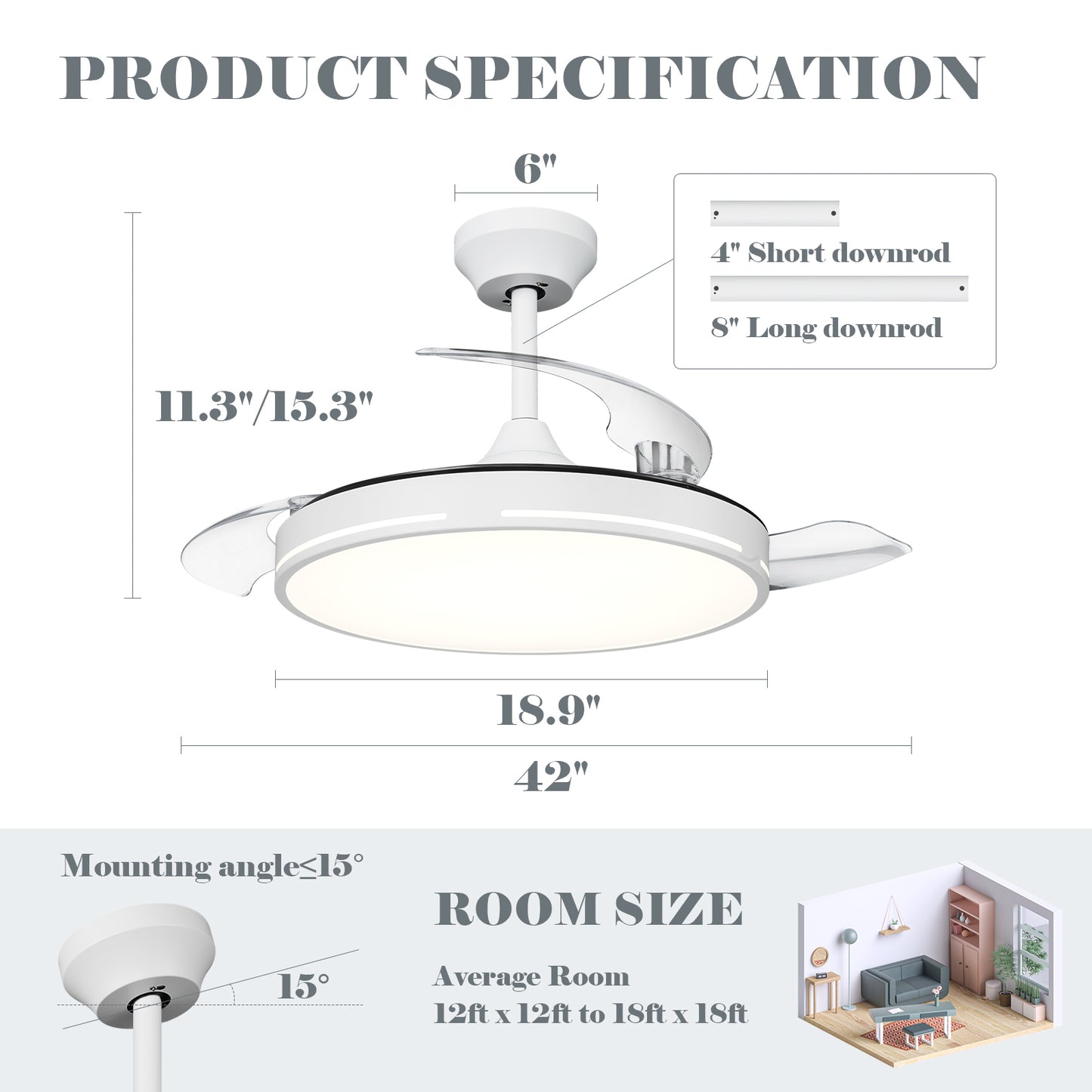 42" White Modern Retractable Ceiling Fan with Light and Remote for Bedroom