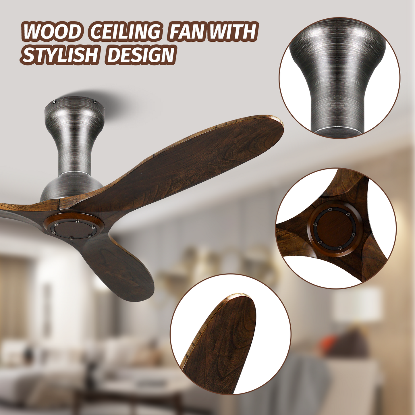 52'' Flush Mount Farmhouse Wood Ceiling Fan No Light for Indoor Outdoor