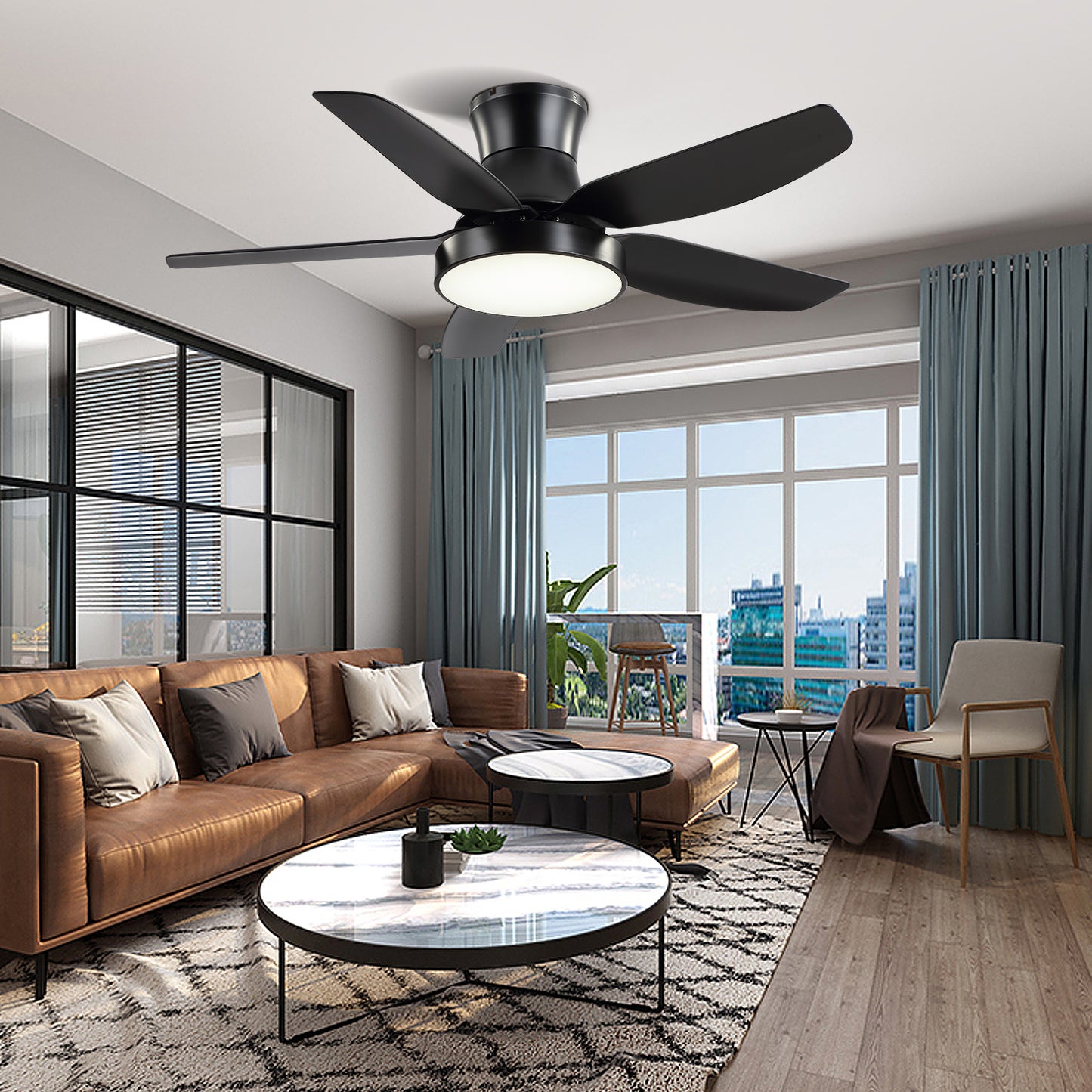 42" Modern Flush Mount Black Ceiling Fan with 3 Color lights and Remote