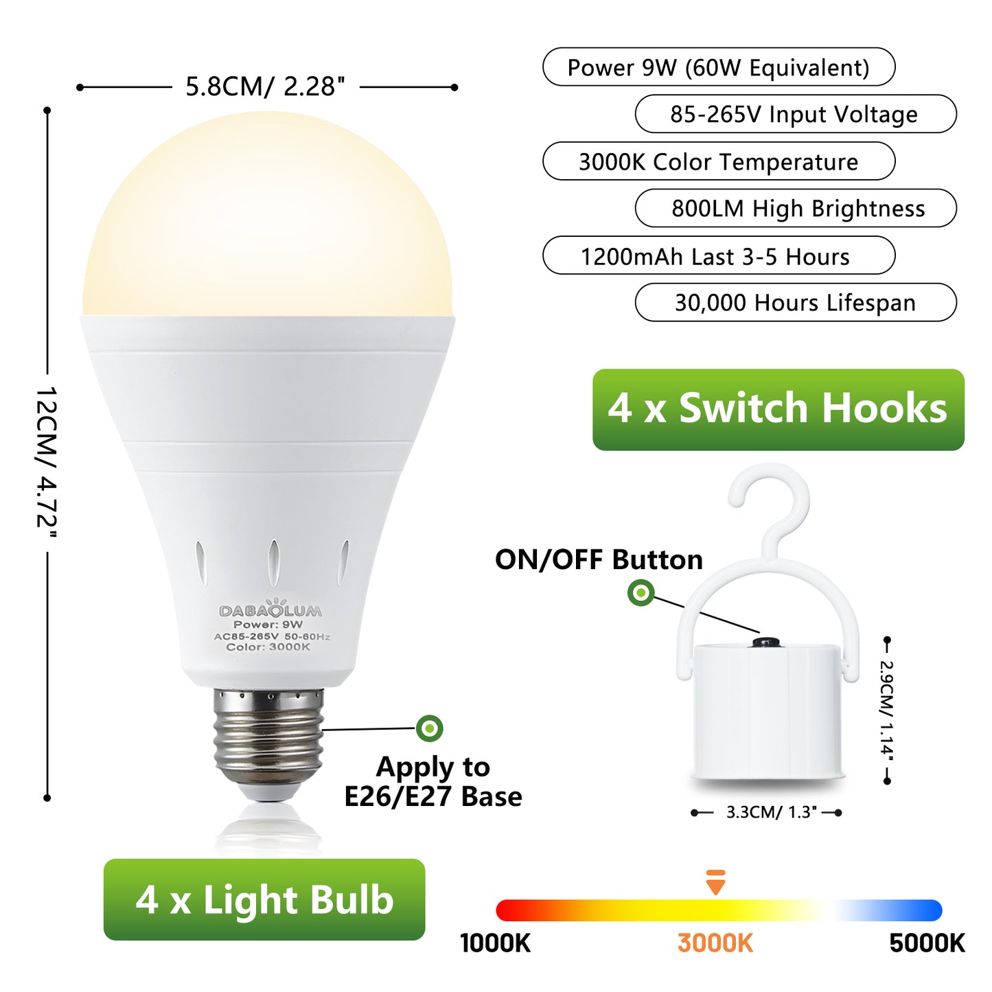 2 Pack Rechargeable Battery Operated Emergency Light Bulb E26 120 Volt 9W 3000K