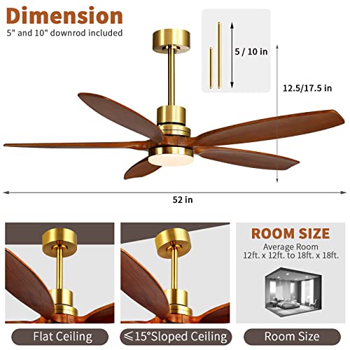 52" Modern Black Walnut Brass Reversible Ceiling Fan with Light and Remote