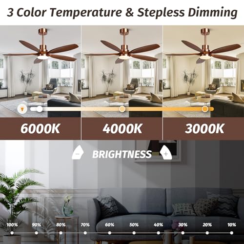 52" Modern Brown Walnut Red Brass Ceiling Fan with Light and Remote