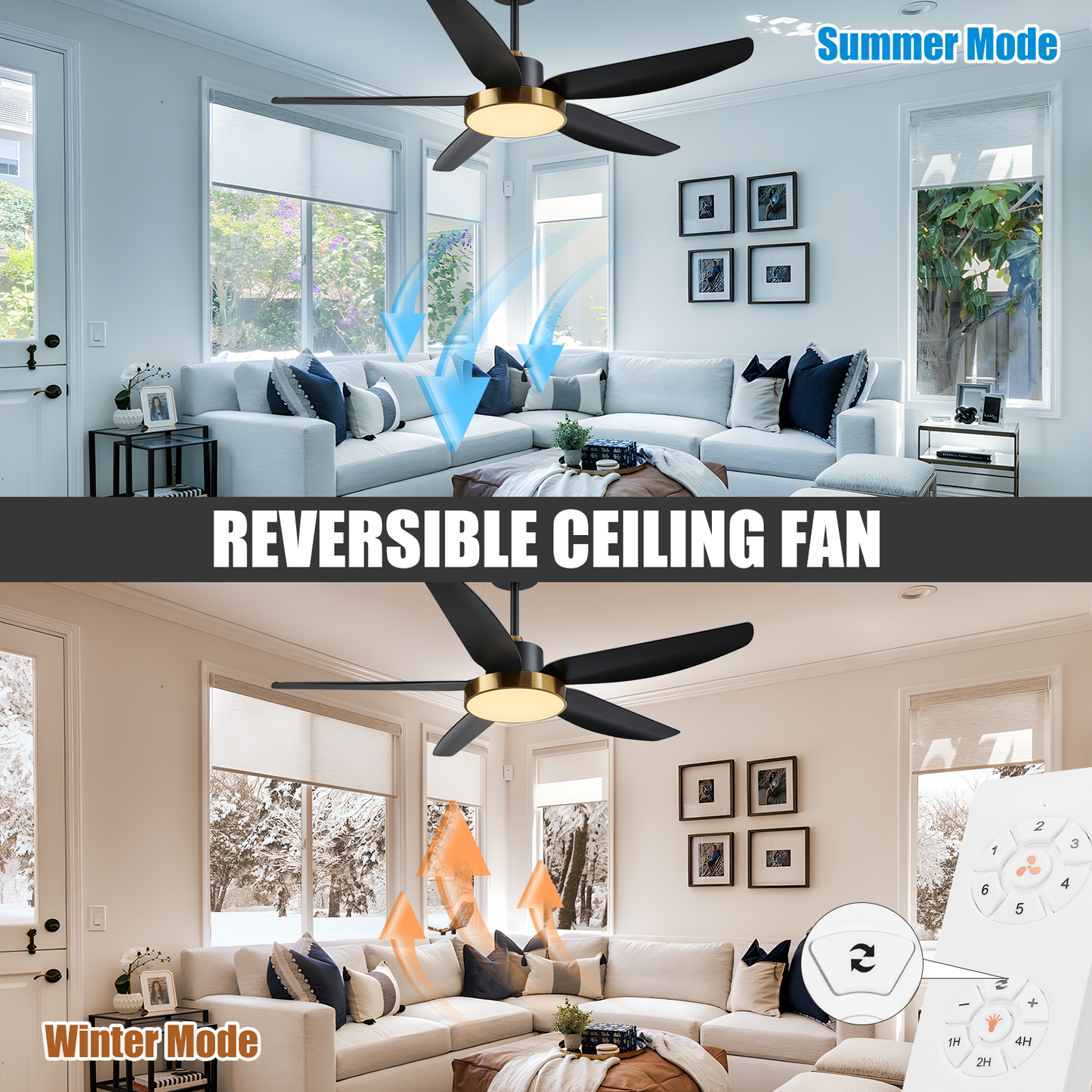 56"Modern Black Gold 6 Speeds ABS Ceiling Fan with Light and Remote Control