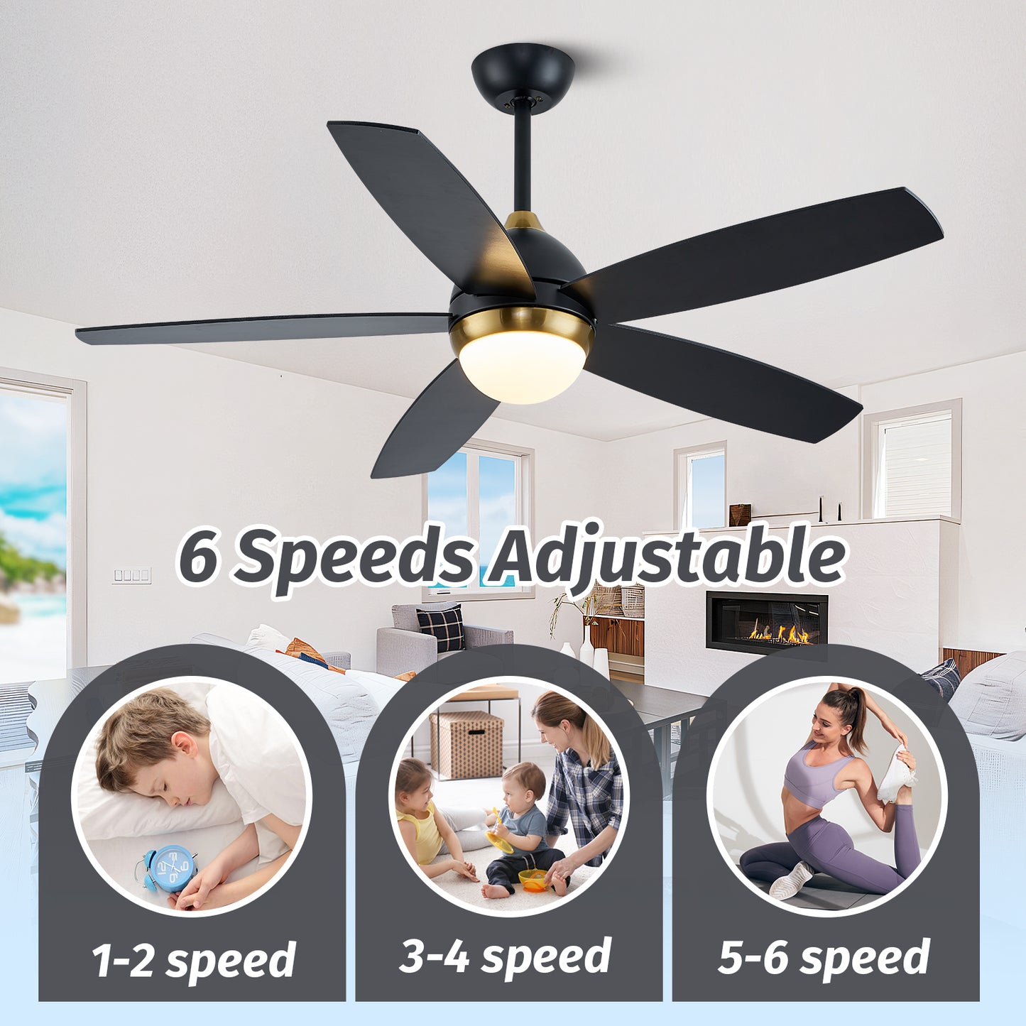 52" Modern Black and Gold Wood Ceiling Fan with Lights and Remote Control