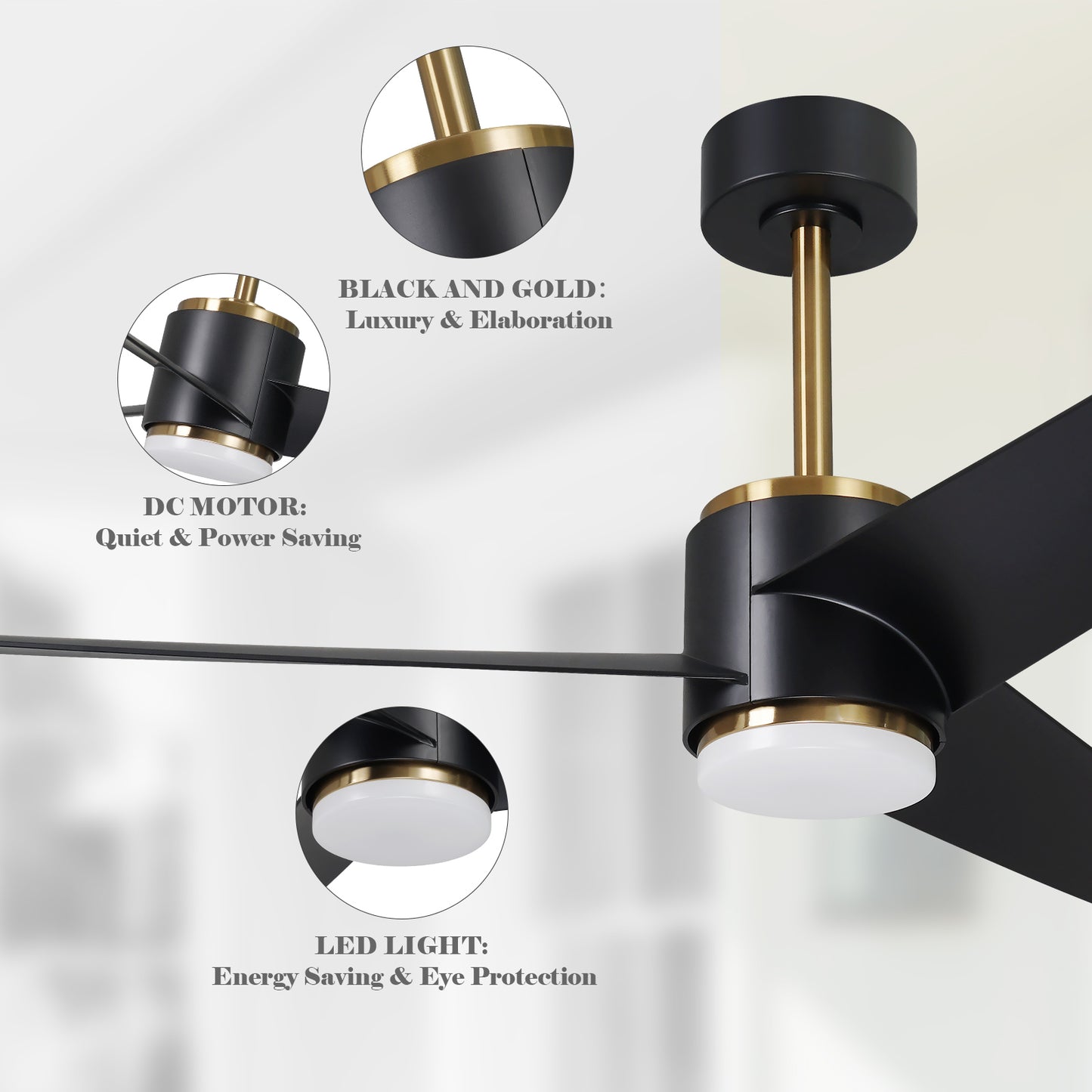 52" Modern Black and Gold Ceiling Fan with Light for Porch Living Room