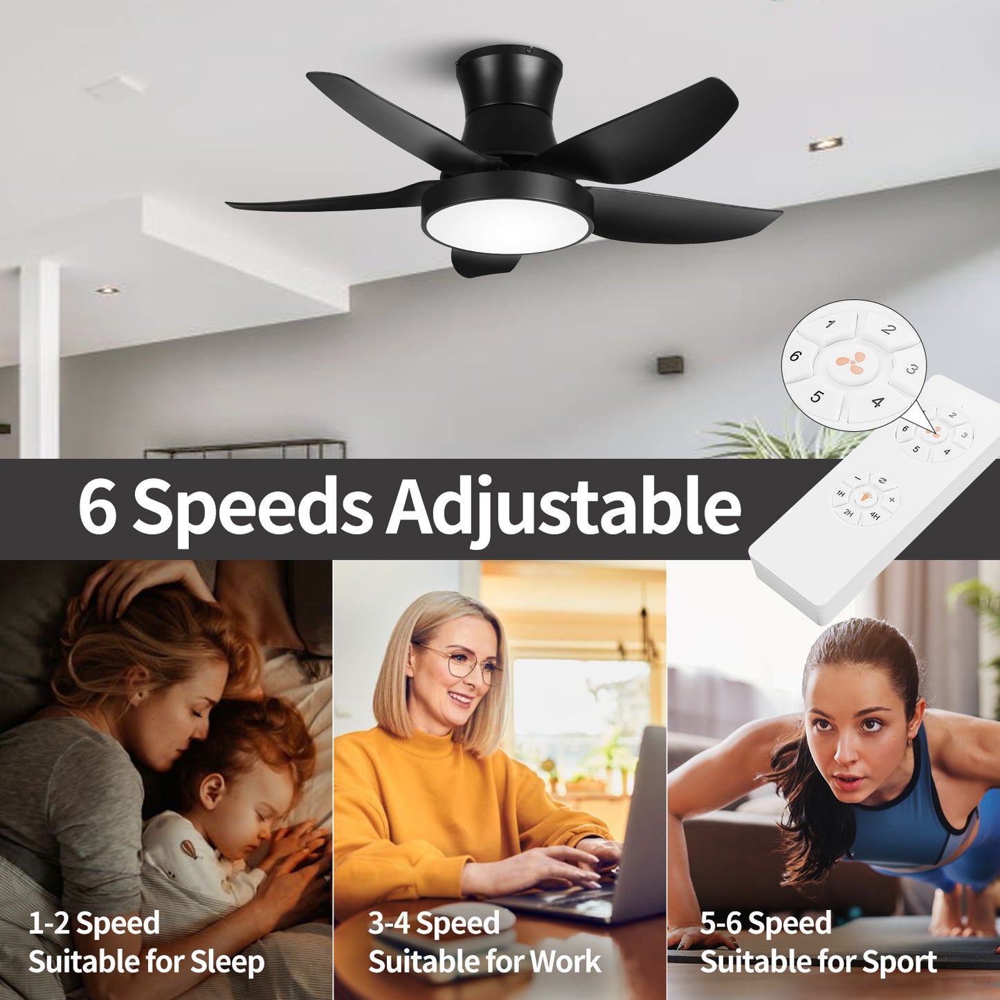 42" Modern Flush Mount Black Ceiling Fan with 3 Color lights and Remote