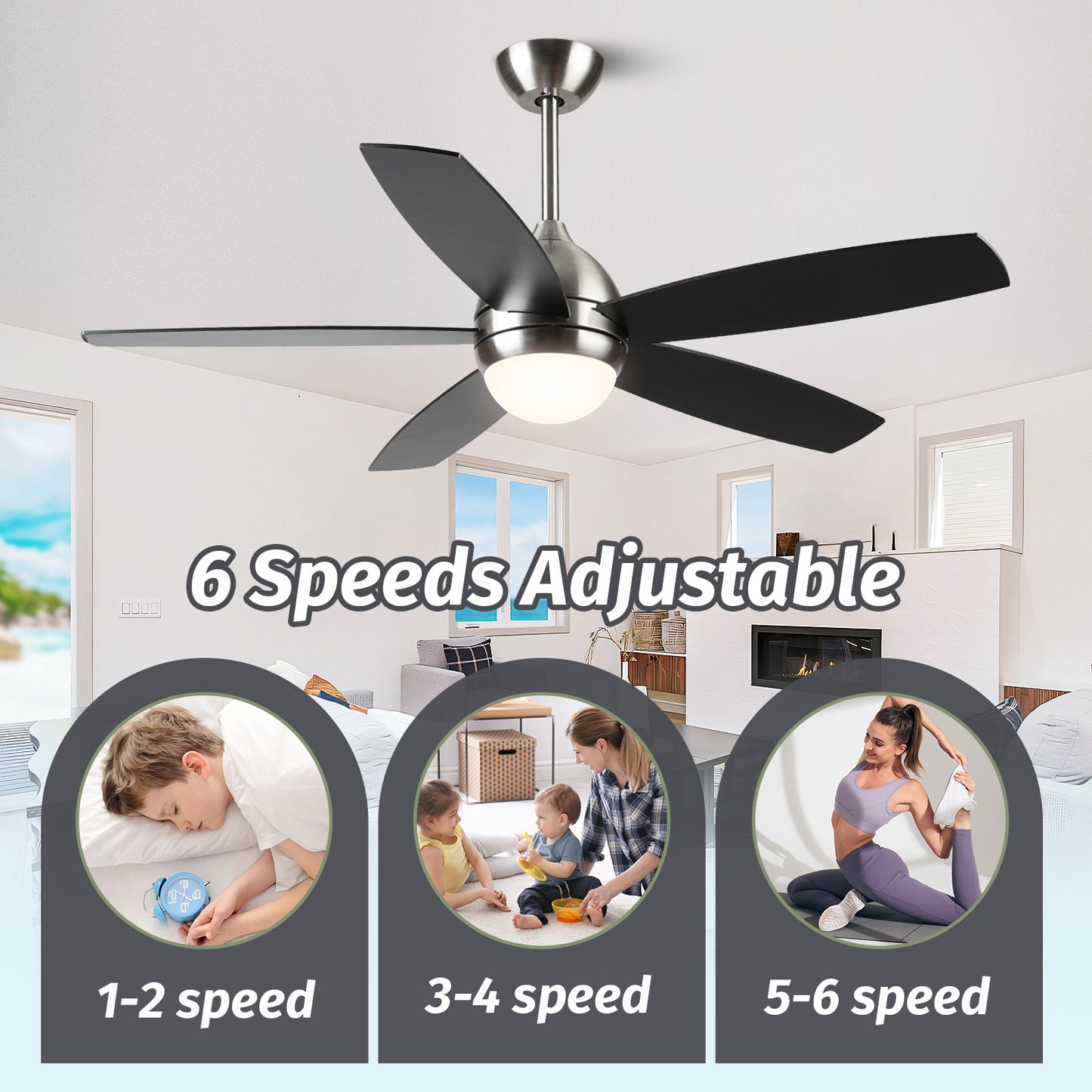 52" Modern Brushed Nickel Wood Ceiling Fan with Lights and Remote Control