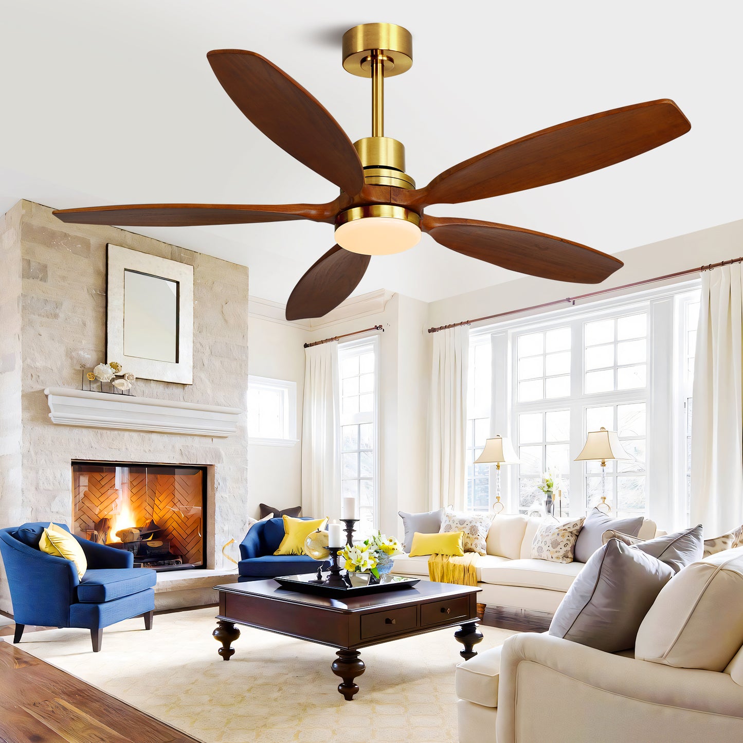 52" Modern Black Walnut Brass Reversible Ceiling Fan with Light and Remote