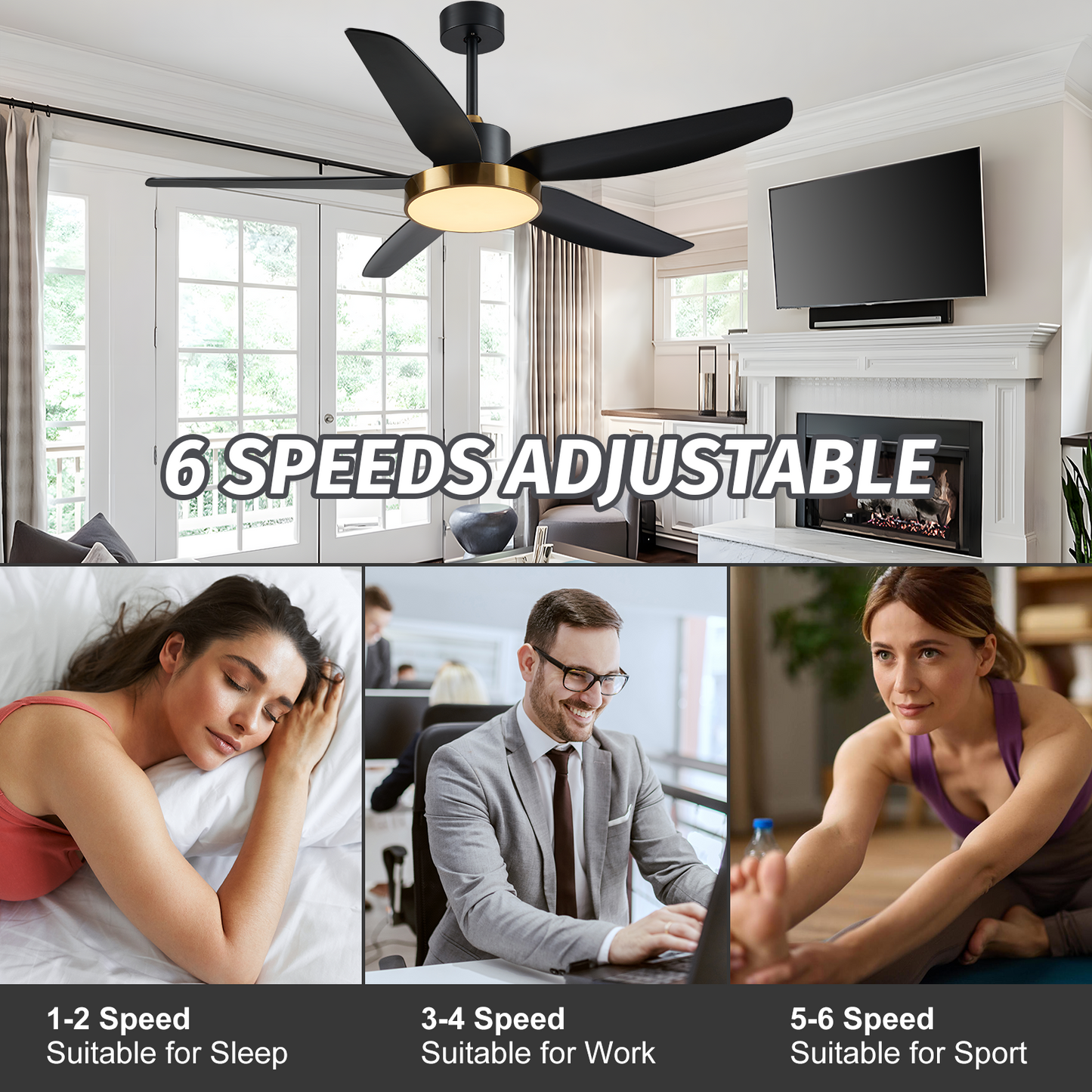 56"Modern Black Gold 6 Speeds ABS Ceiling Fan with Light and Remote Control