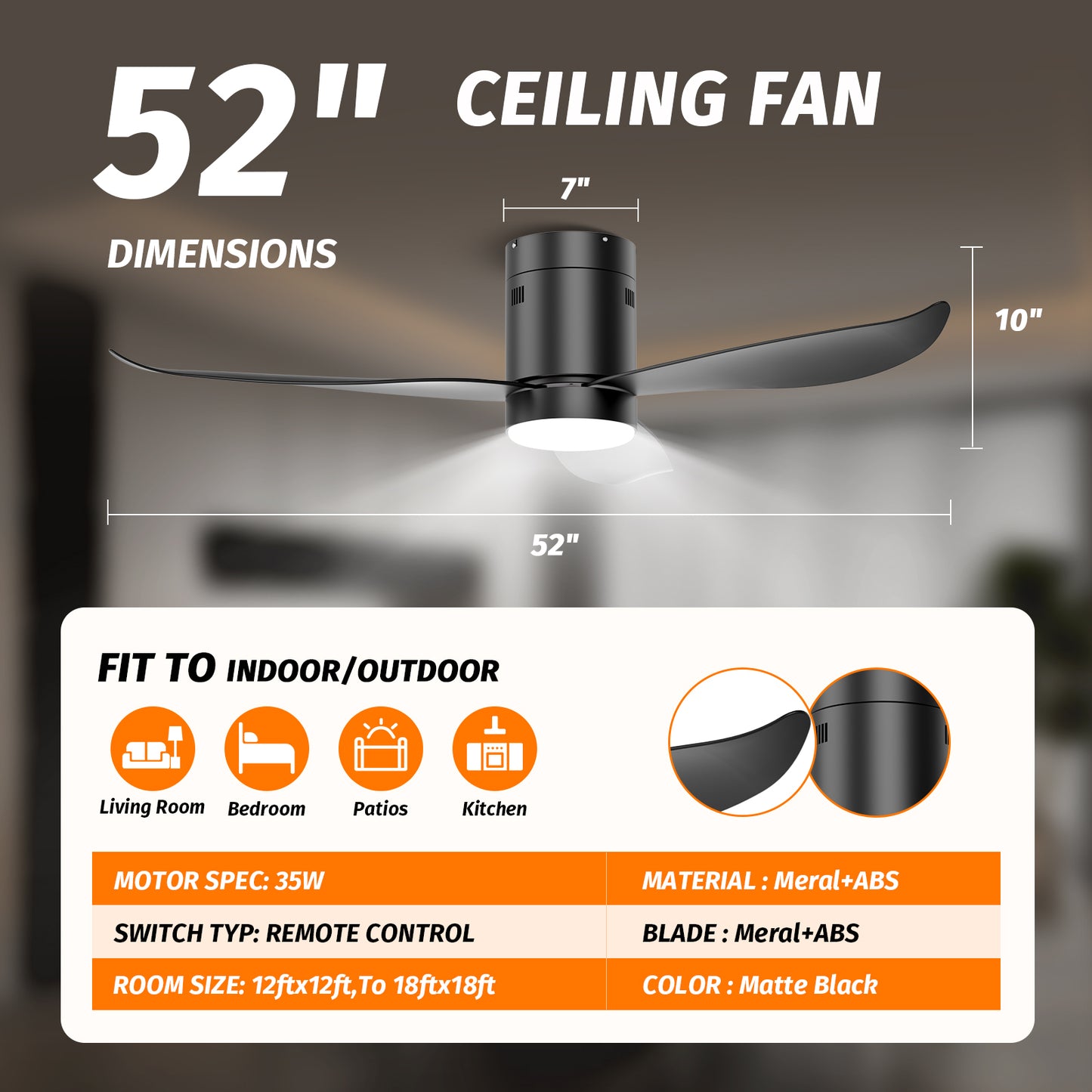 52" Flush Mount Modern Black Led Ceiling Fan with Remote for Indoor Outdoor