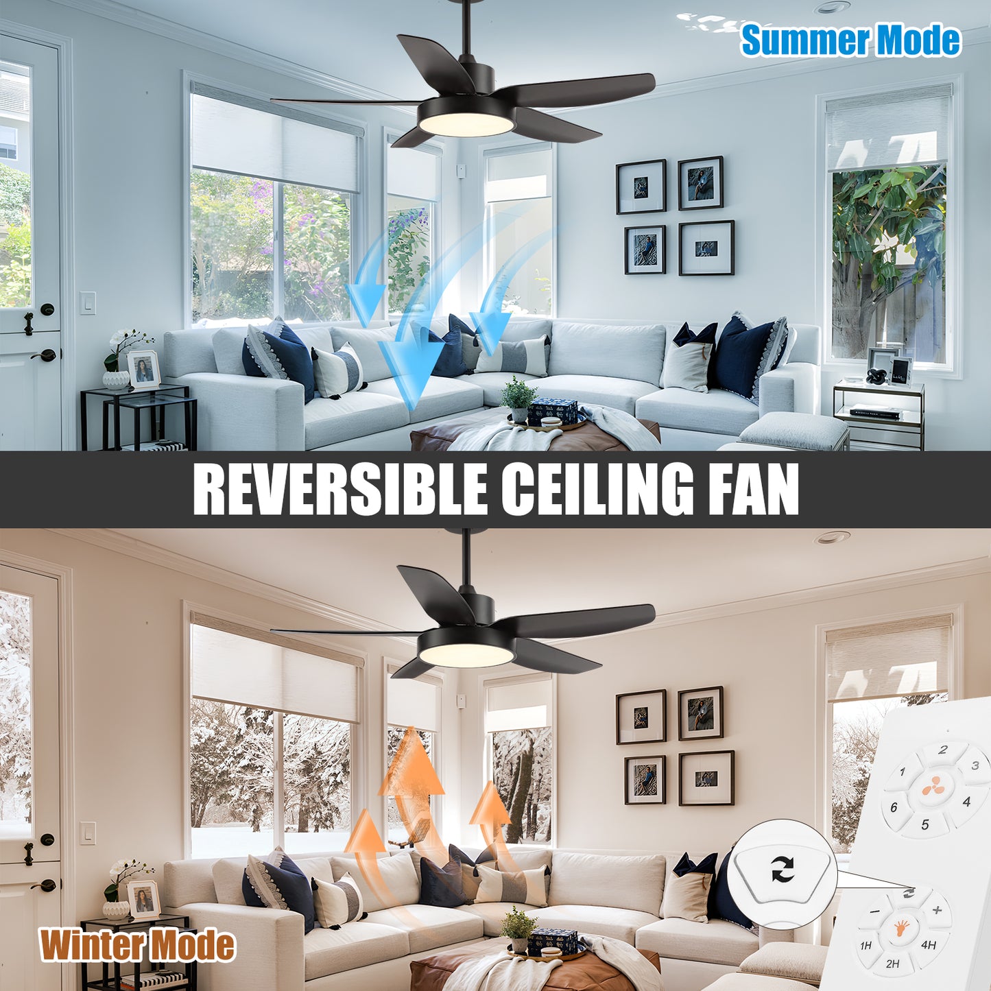 46" Black 6 Speeds Reversible ABS Ceiling Fan with Light and Remote Control