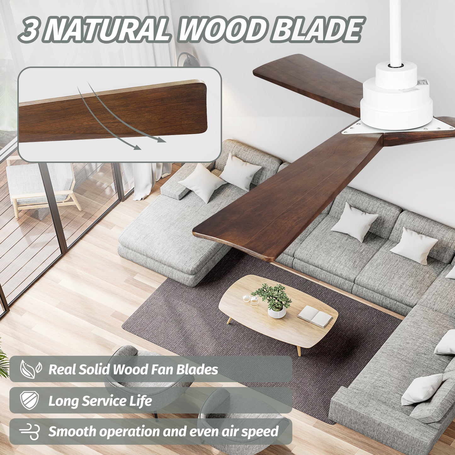 52" Modern 3 Wood Blades Brown Walnut Ceiling Fan no Light with Remote