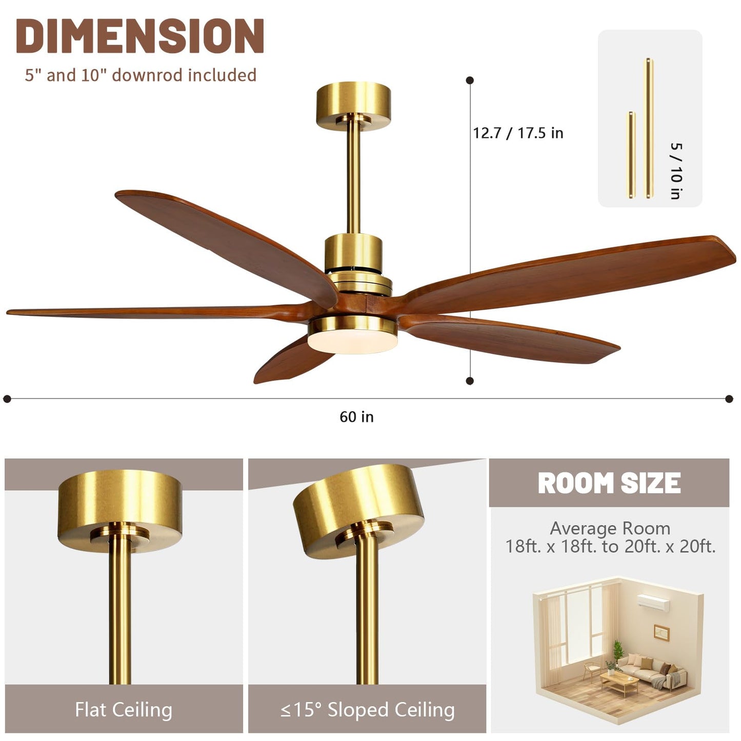 60" Modern Black Walnut Brass Reversible Ceiling Fan with Light and Remote