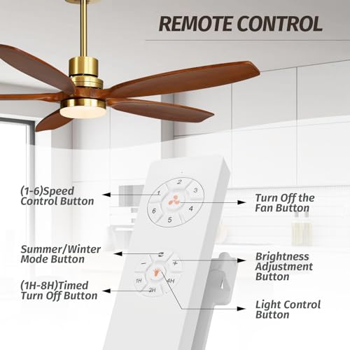 52" Modern Black Walnut Brass Reversible Ceiling Fan with Light and Remote