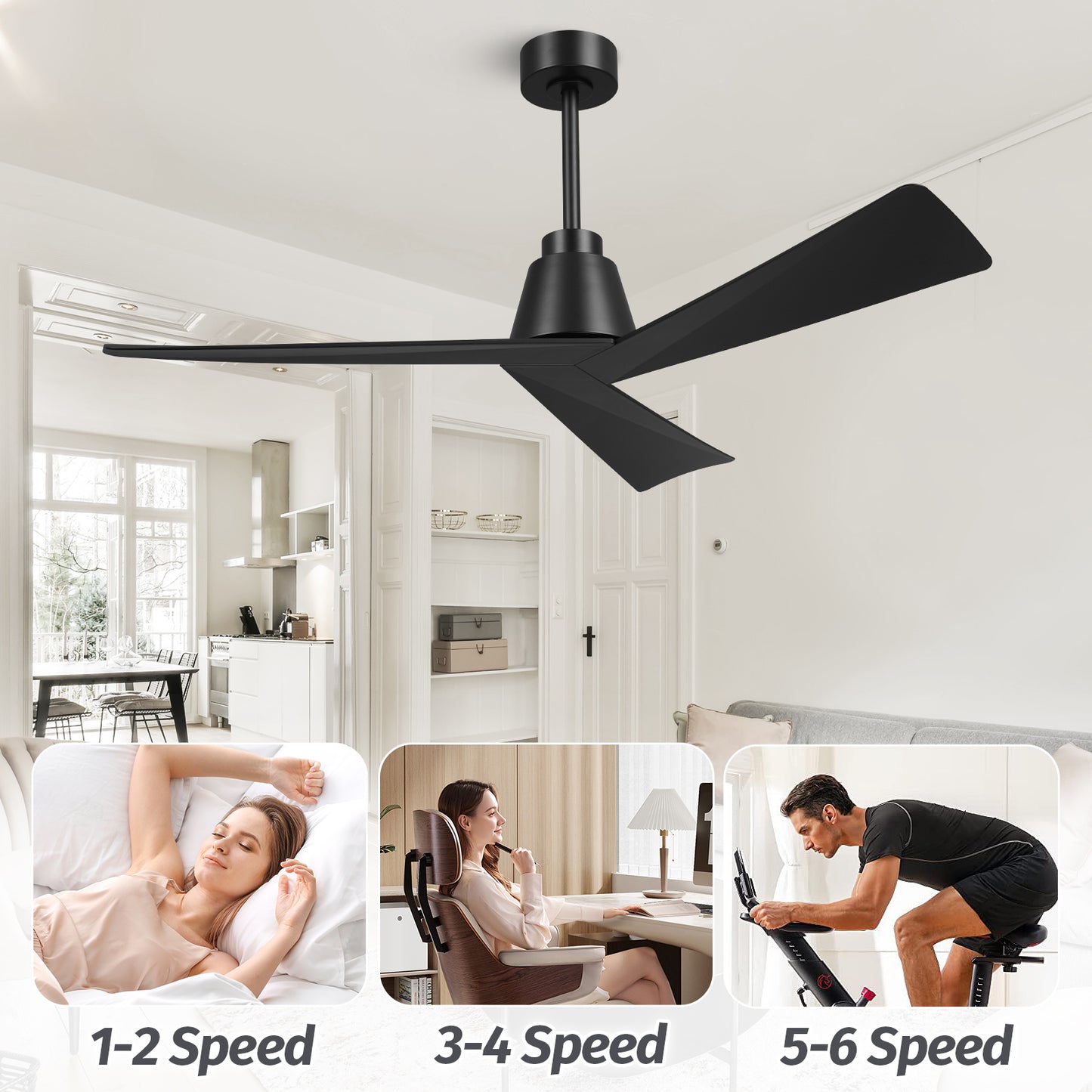 52" Modern Black Ceiling Fan no Light with Remote for Living Room Patio