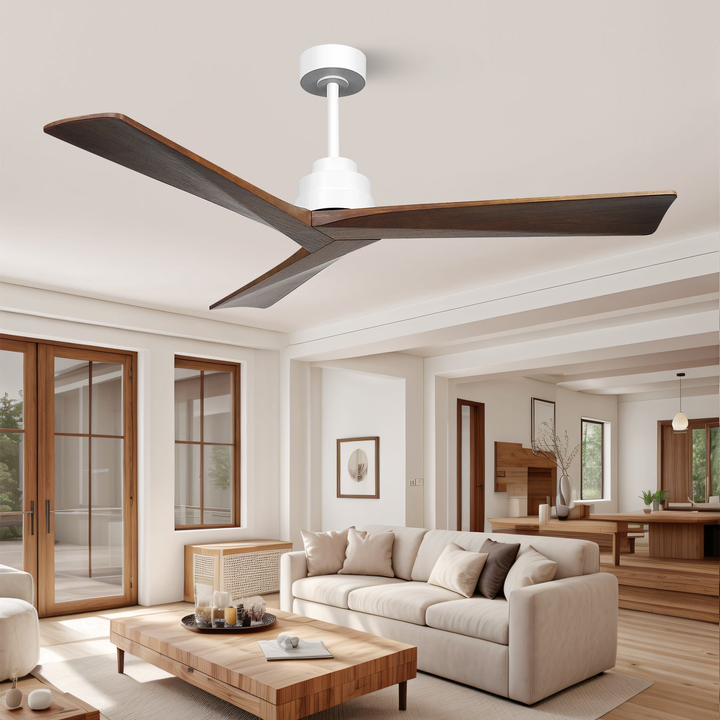 52" Modern 3 Wood Blades Brown Walnut Ceiling Fan no Light with Remote