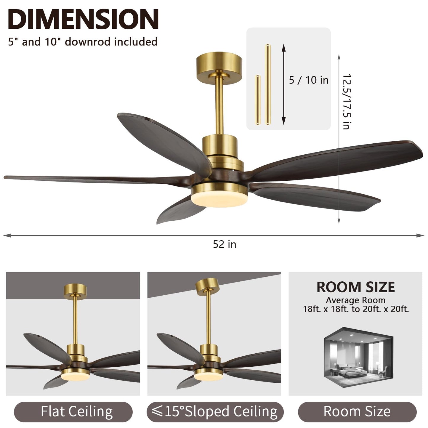 52" Modern Brown Walnut Brass Reversible Ceiling Fan with Light and Remote