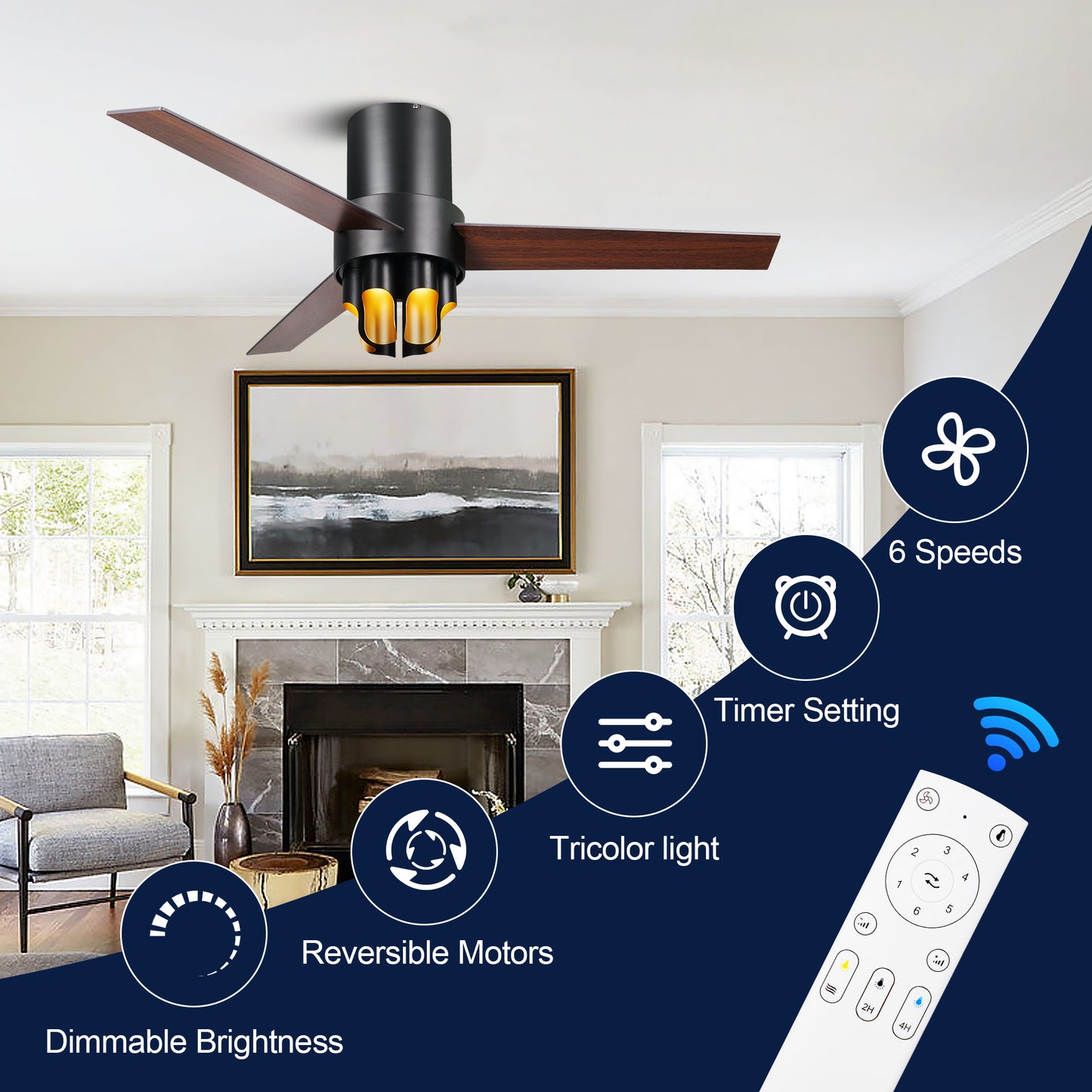 52" Modern Black Double-faced Blades Ceiling Fan with LED Light and Remote