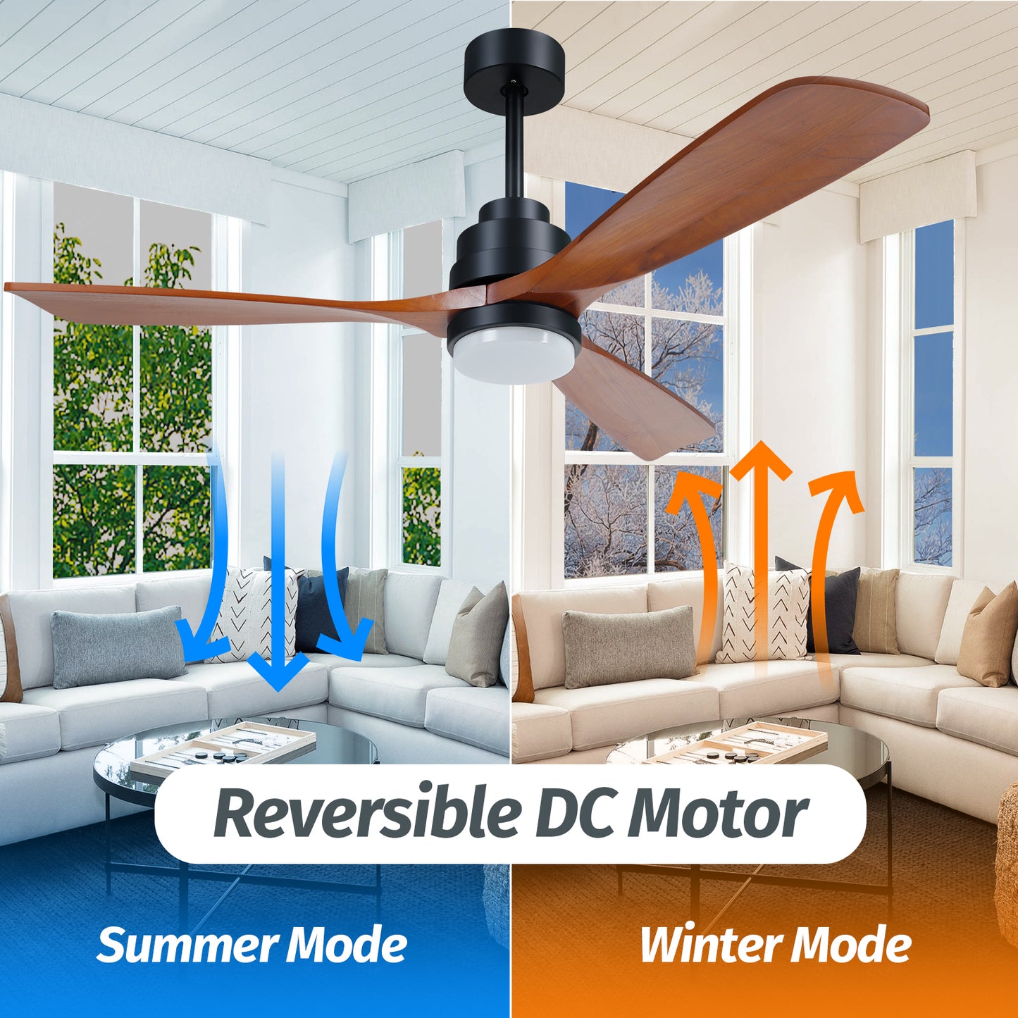 52" Farmhouse Brown Walnut Wood Ceiling Fan with Lights and Remote Control