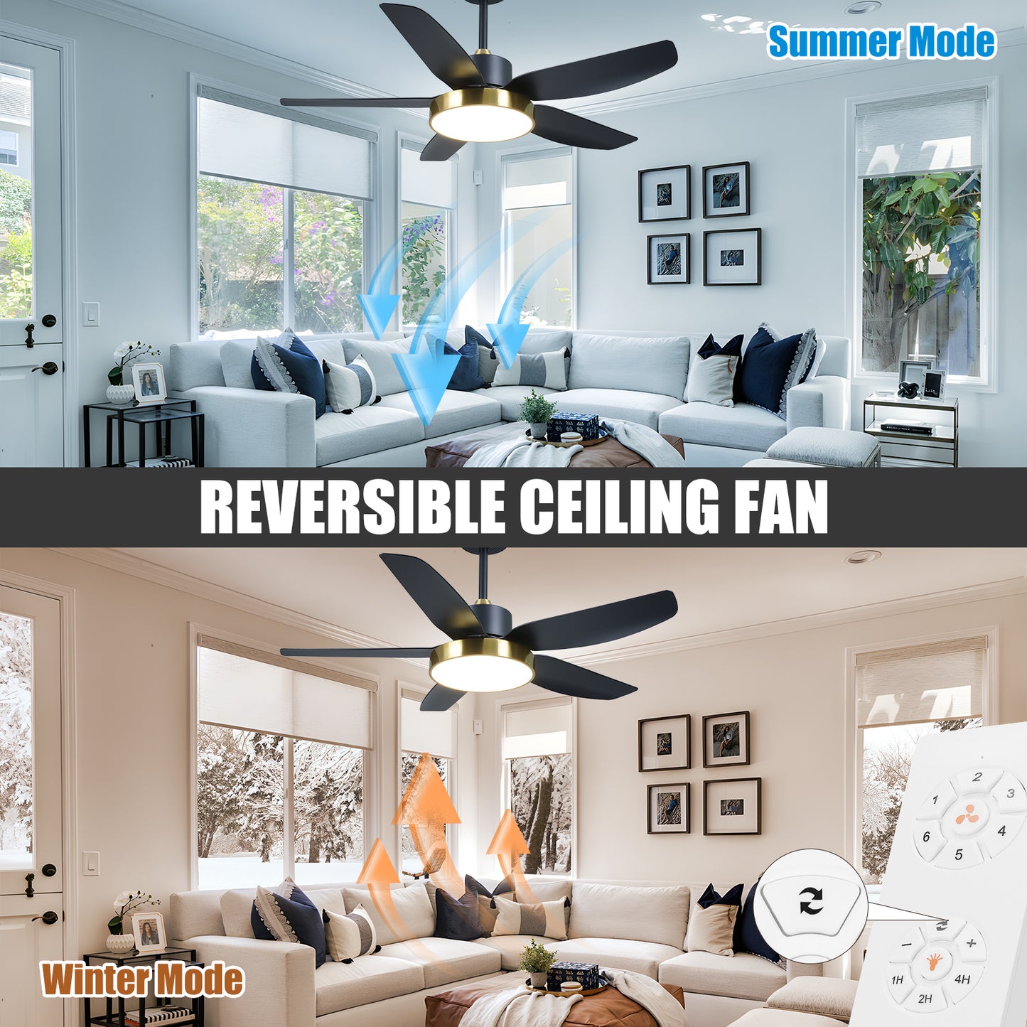 46"Modern Black Gold 6 Speeds ABS Ceiling Fan with Light and Remote Control