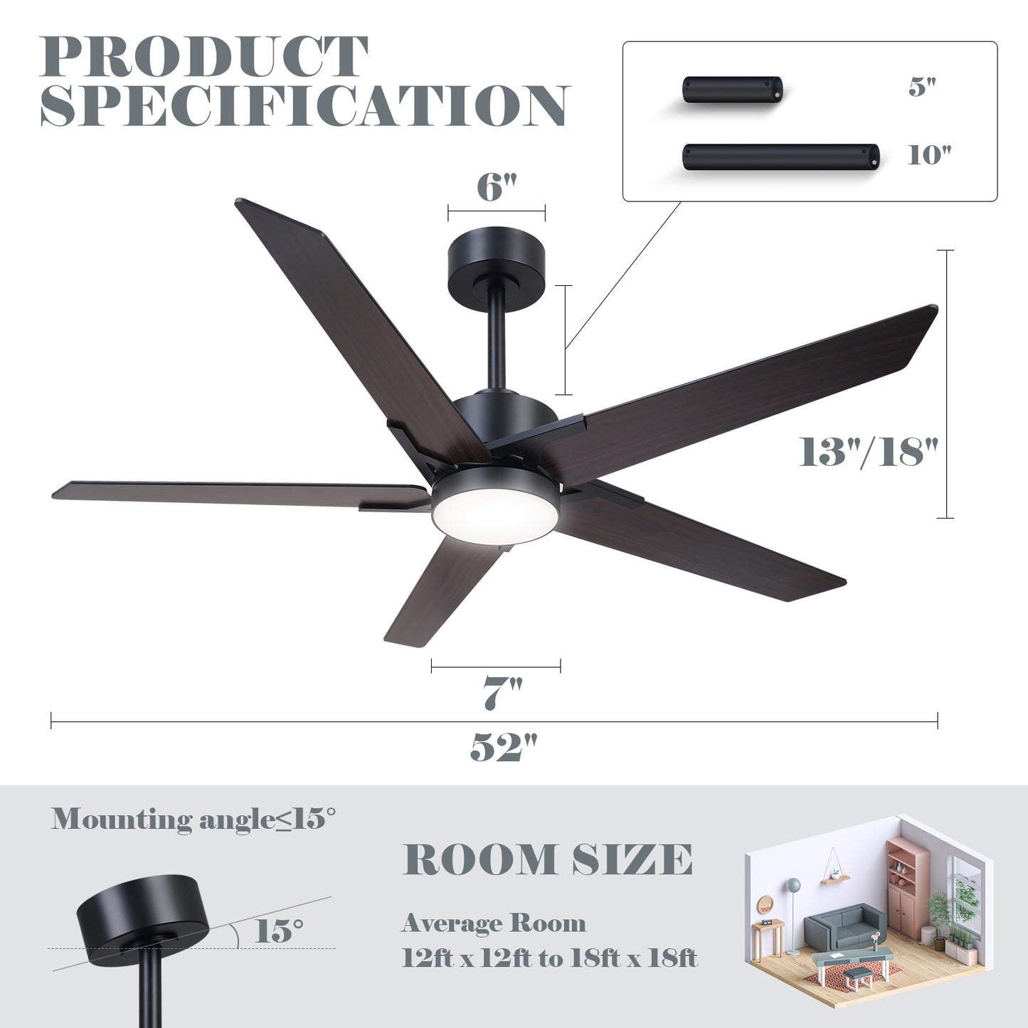 52" Modern Black Wood Ceiling Fan with Lights and Remote for Outdoor Indoor