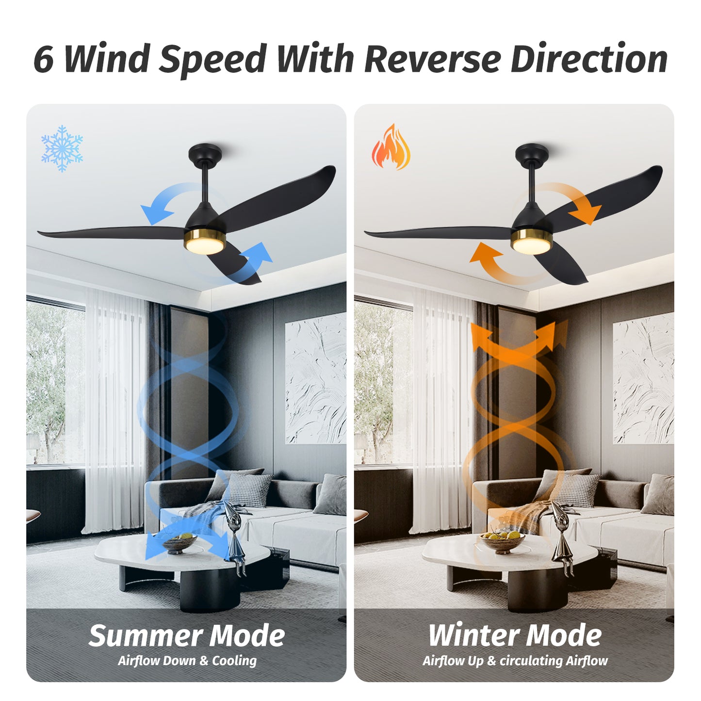 52" Modern Black Gold Reversible Ceiling Fan with Light and Remote