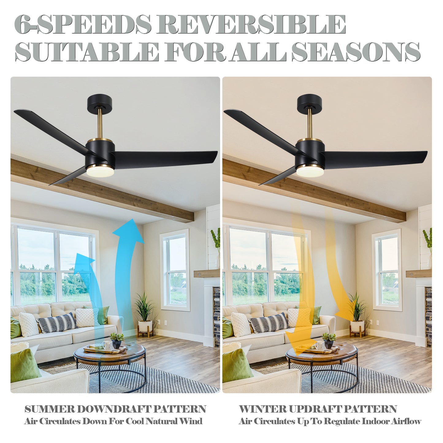 52" Modern Black and Gold Ceiling Fan with Light for Porch Living Room