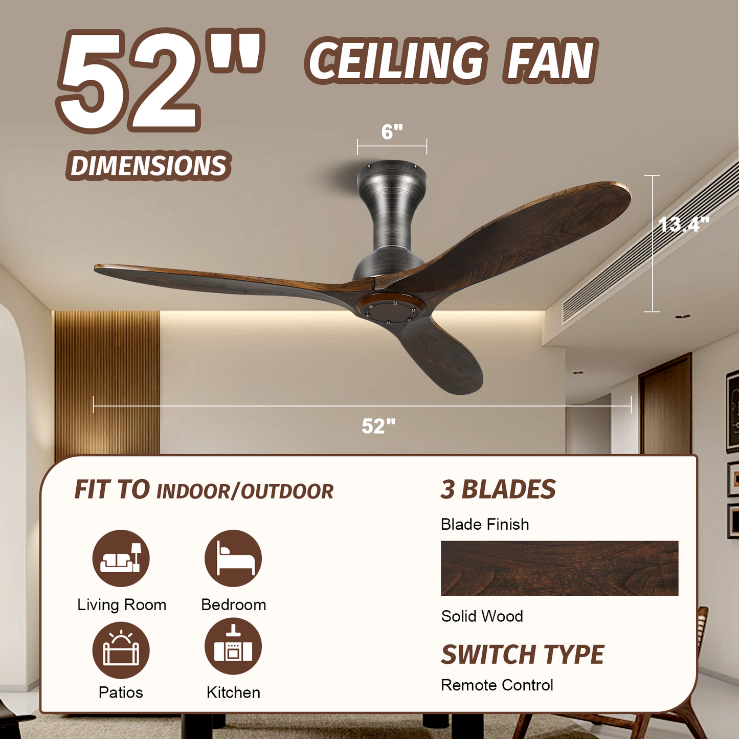 52'' Flush Mount Farmhouse Wood Ceiling Fan No Light for Indoor Outdoor