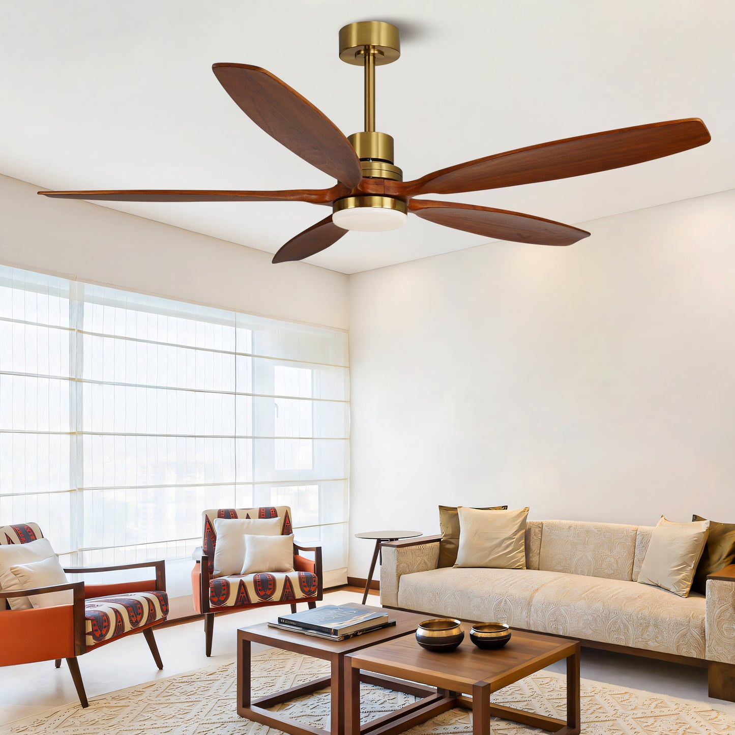 60" Modern Black Walnut Brass Reversible Ceiling Fan with Light and Remote