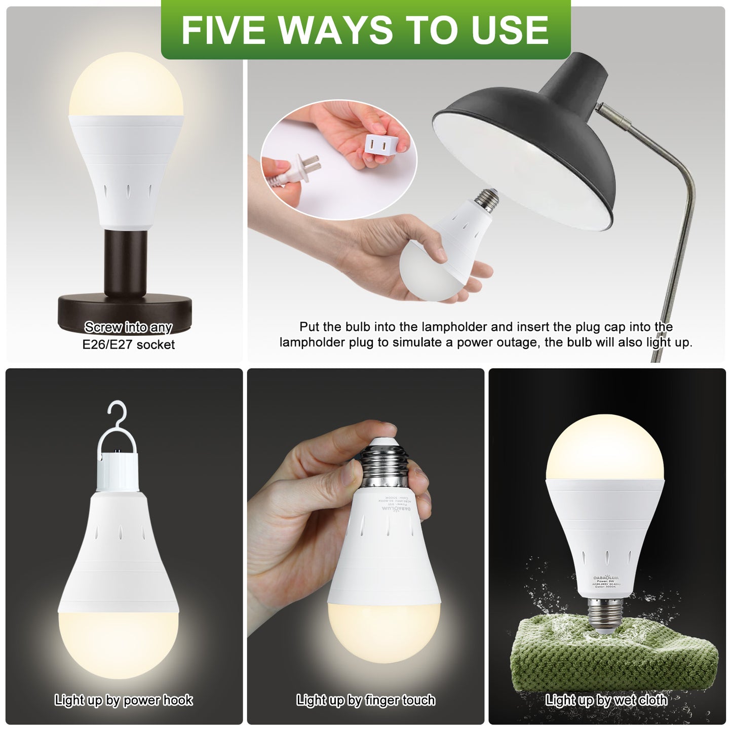 6 Pack Rechargeable Battery Operated Emergency Light Bulb E26 120 Volt 9W 3000K