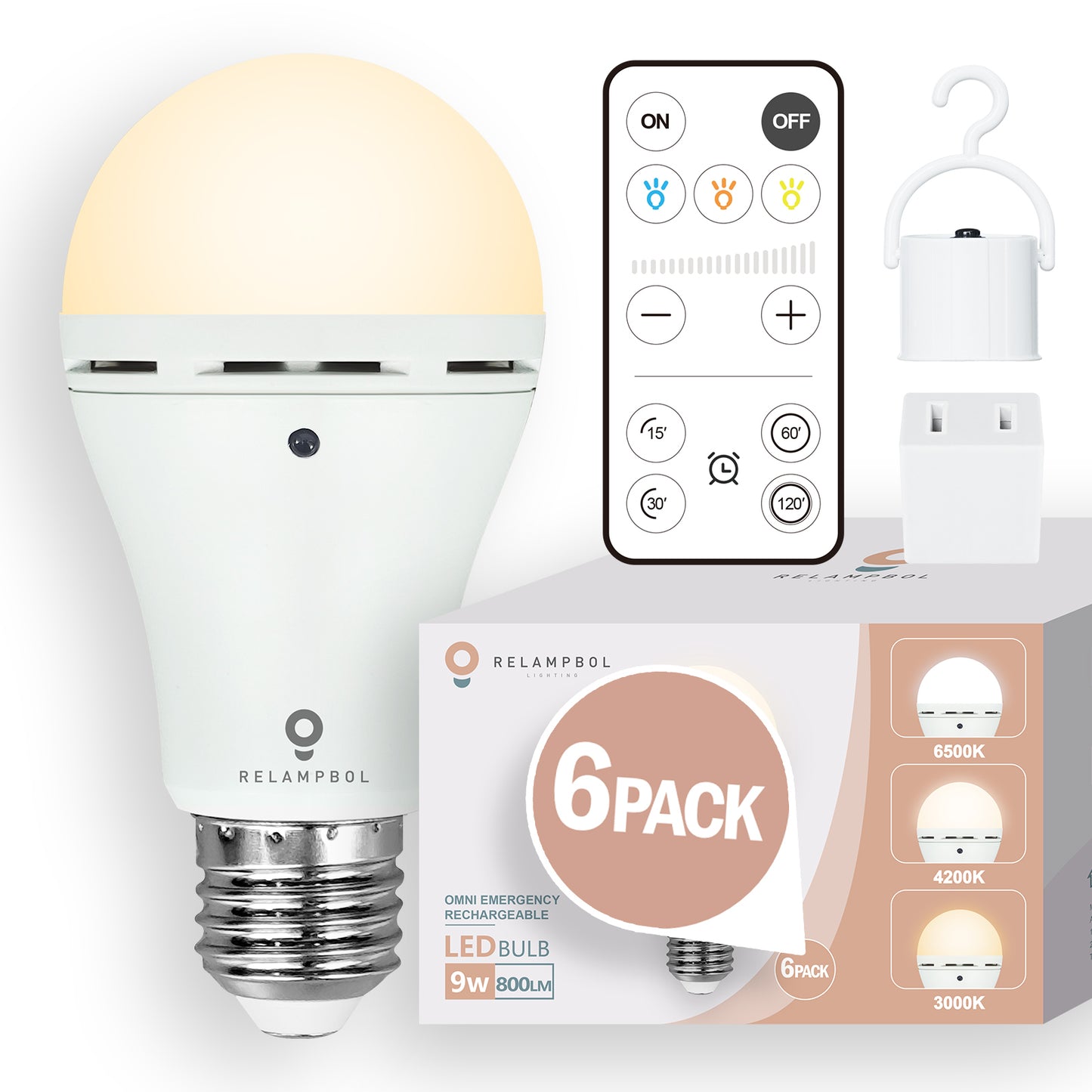 6 Pack Omni Rechargeable Emergency Light Bulbs with Remote 9W 3 Color Shift Dimmable