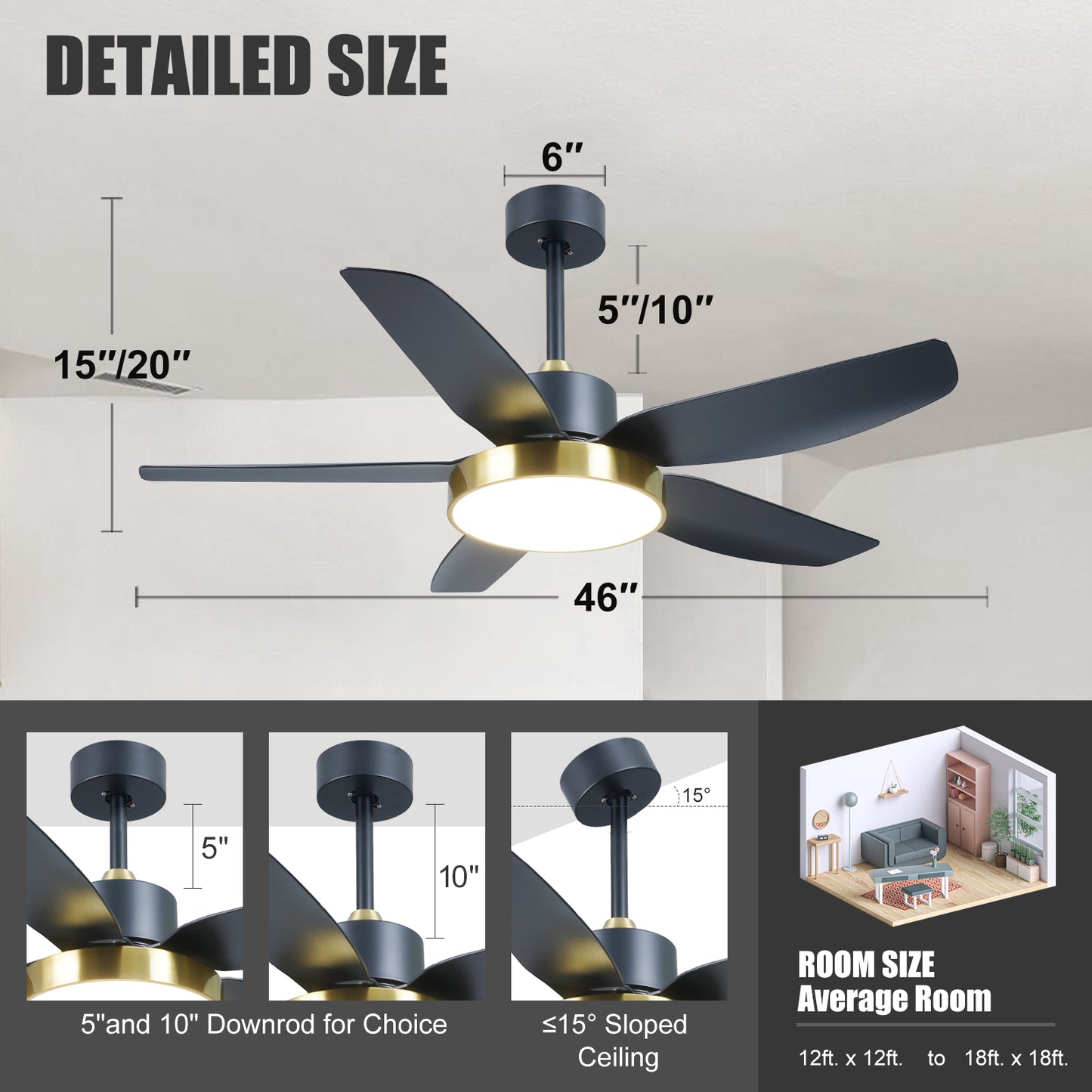 46"Modern Black Gold 6 Speeds ABS Ceiling Fan with Light and Remote Control